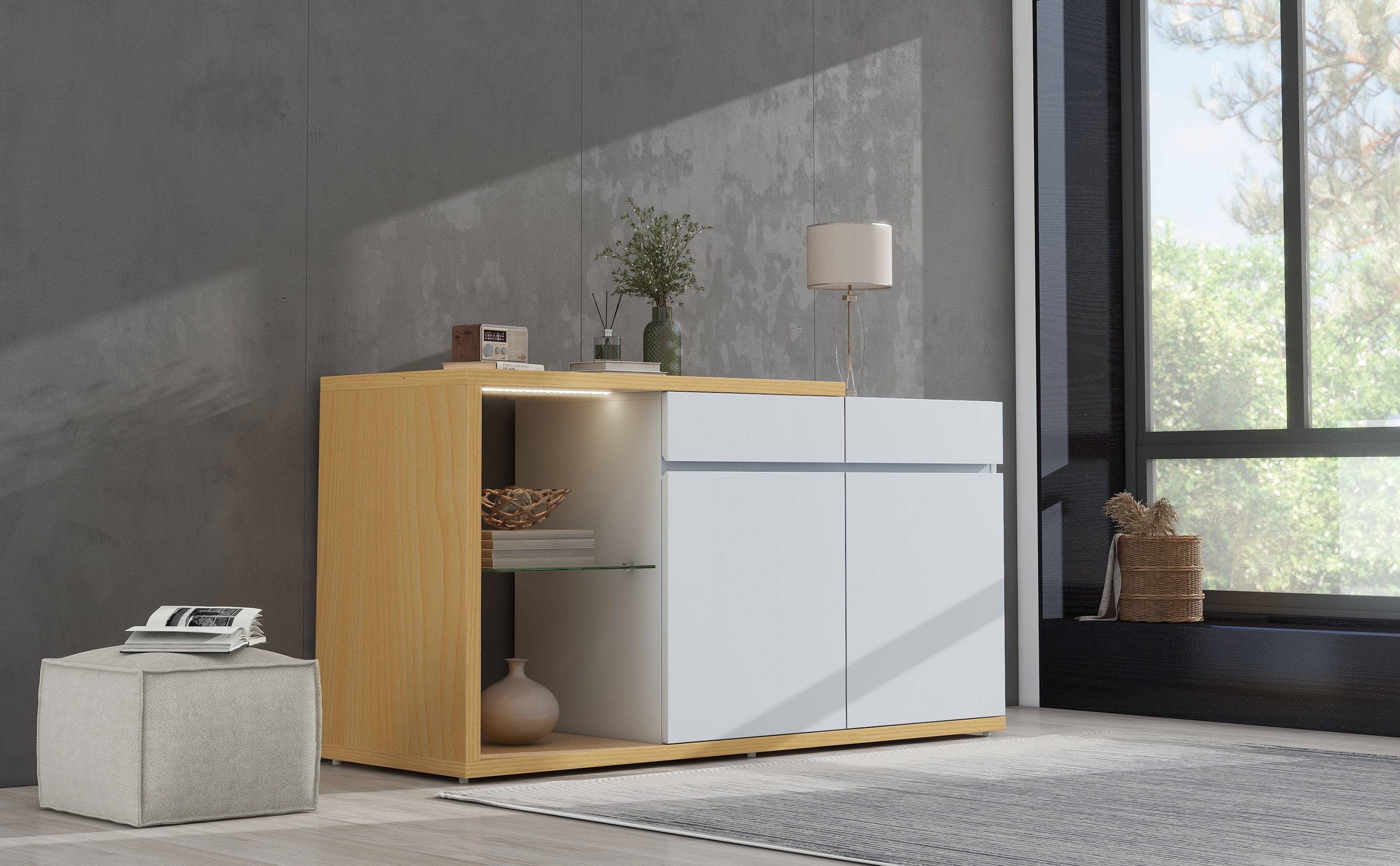 HAUSS SPOLE Sideboard mit 2 Türen, 2 Schubkästen, Anrichte mit LED-Beleucht günstig online kaufen
