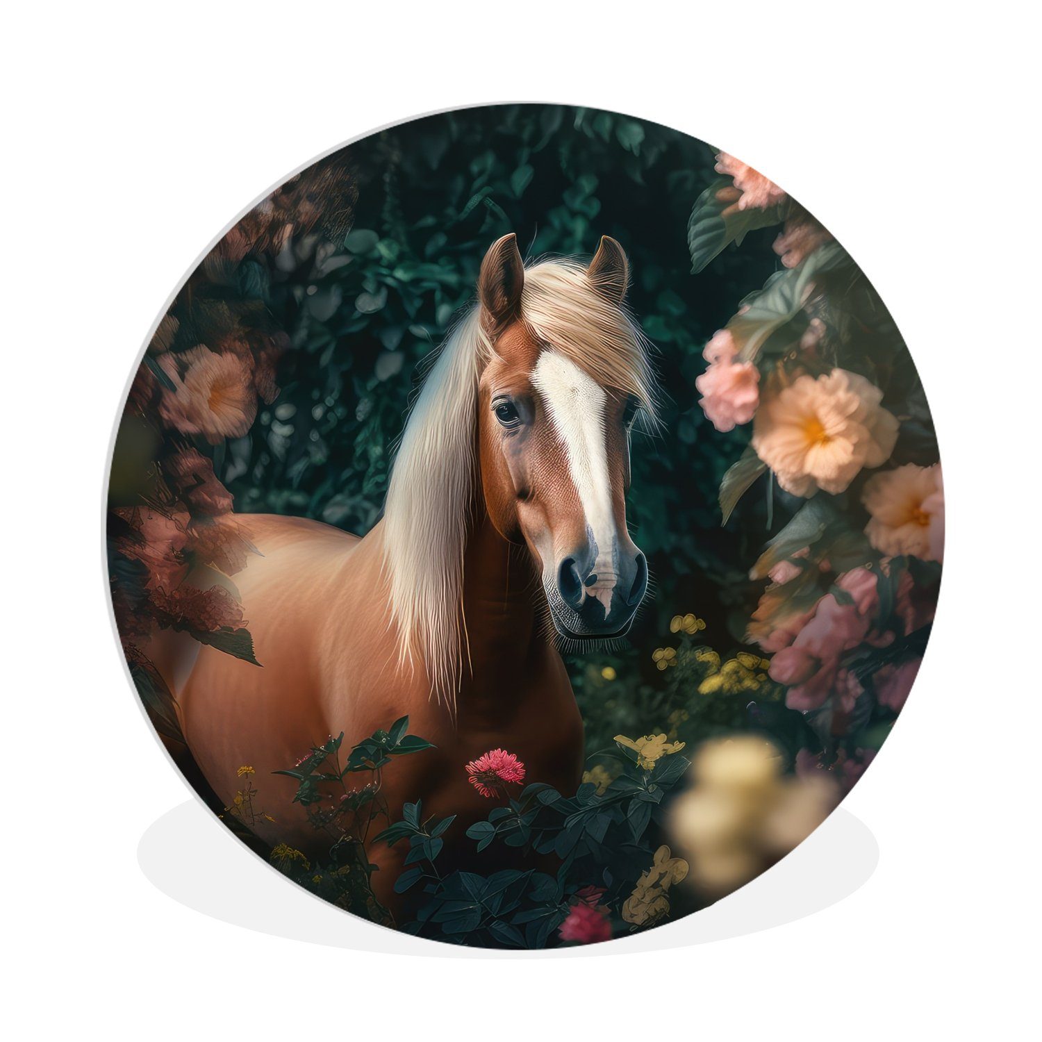 MuchoWow Gemälde Pferd - Natur - Blumen - Wald - Tiere, (1 St), Kreis Wanddekoration Forex, Rundes Wandbild, Wohnzimmer, 30x30 cm