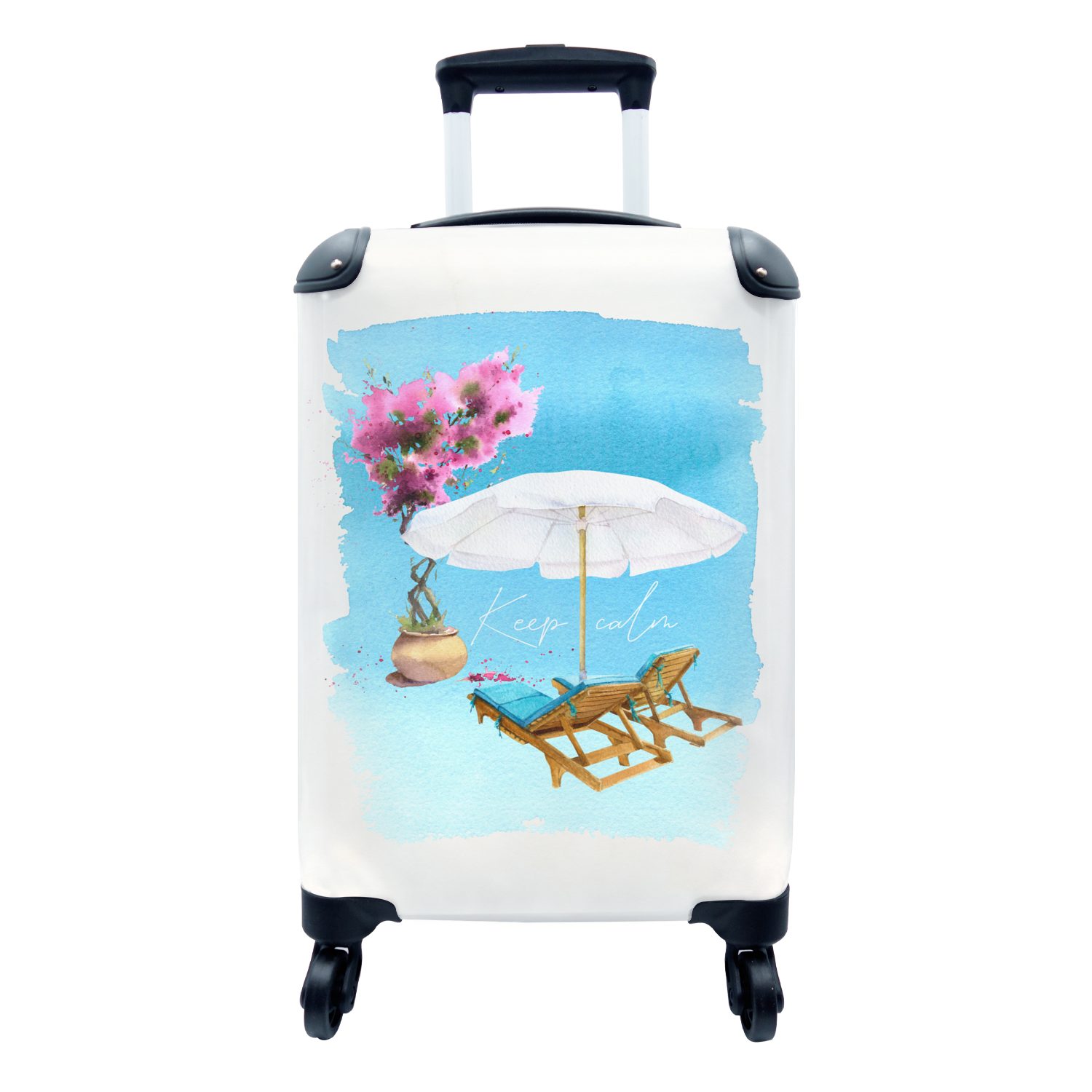 MuchoWow Handgepäckkoffer Strandkorb - Blumen - Sonnenschirm - Zeichnung, 4 Rollen, Reisetasche mit rollen, Handgepäck für Ferien, Trolley, Reisekoffer