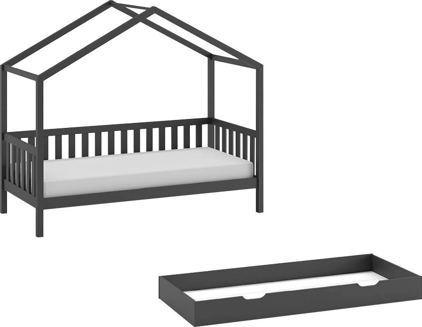 Vipack Hausbett Dallas, mit Dachaufbau, Kiefer massiv, stabil gebaut (B/H/T ca. 210x170x97cm, mit Sprossenumrandung), wahlweise mit oder ohne Bettschublade