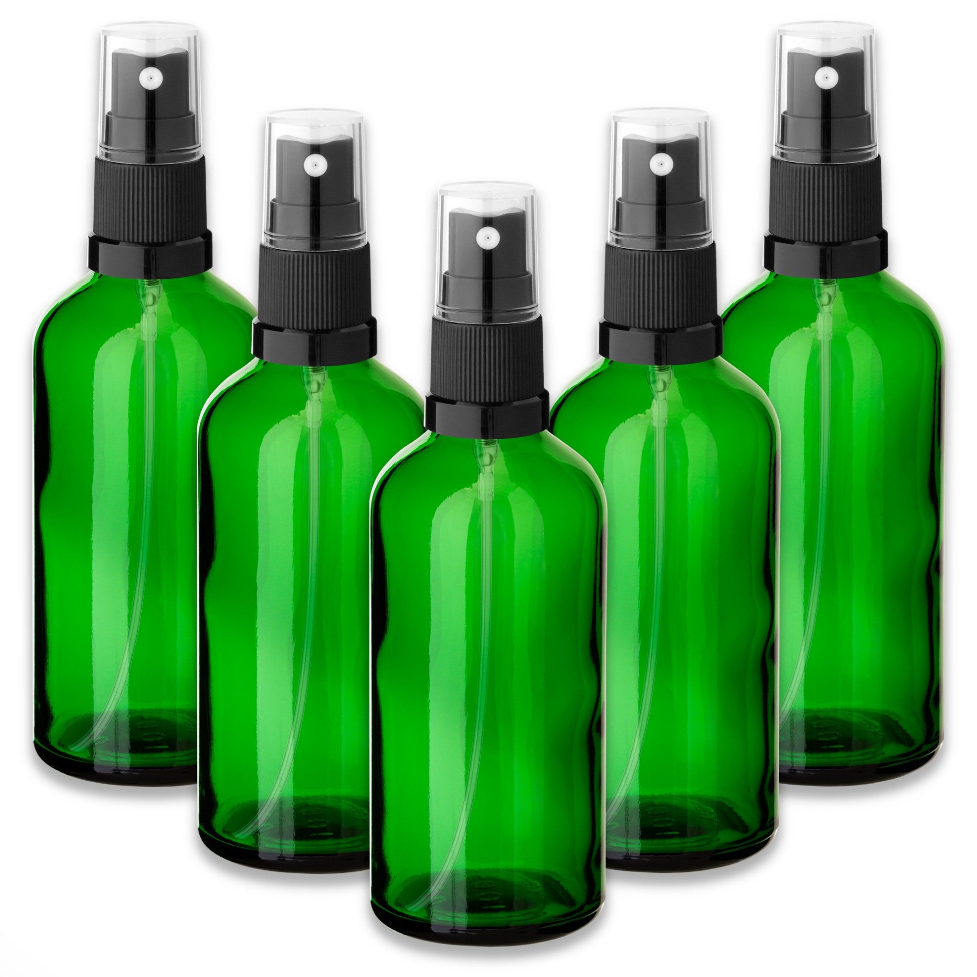 Zerstäuberflasche 5x Grüne Glasflasche 100 ml mit schwarzem Zerstäuber Sprühkopf Spray