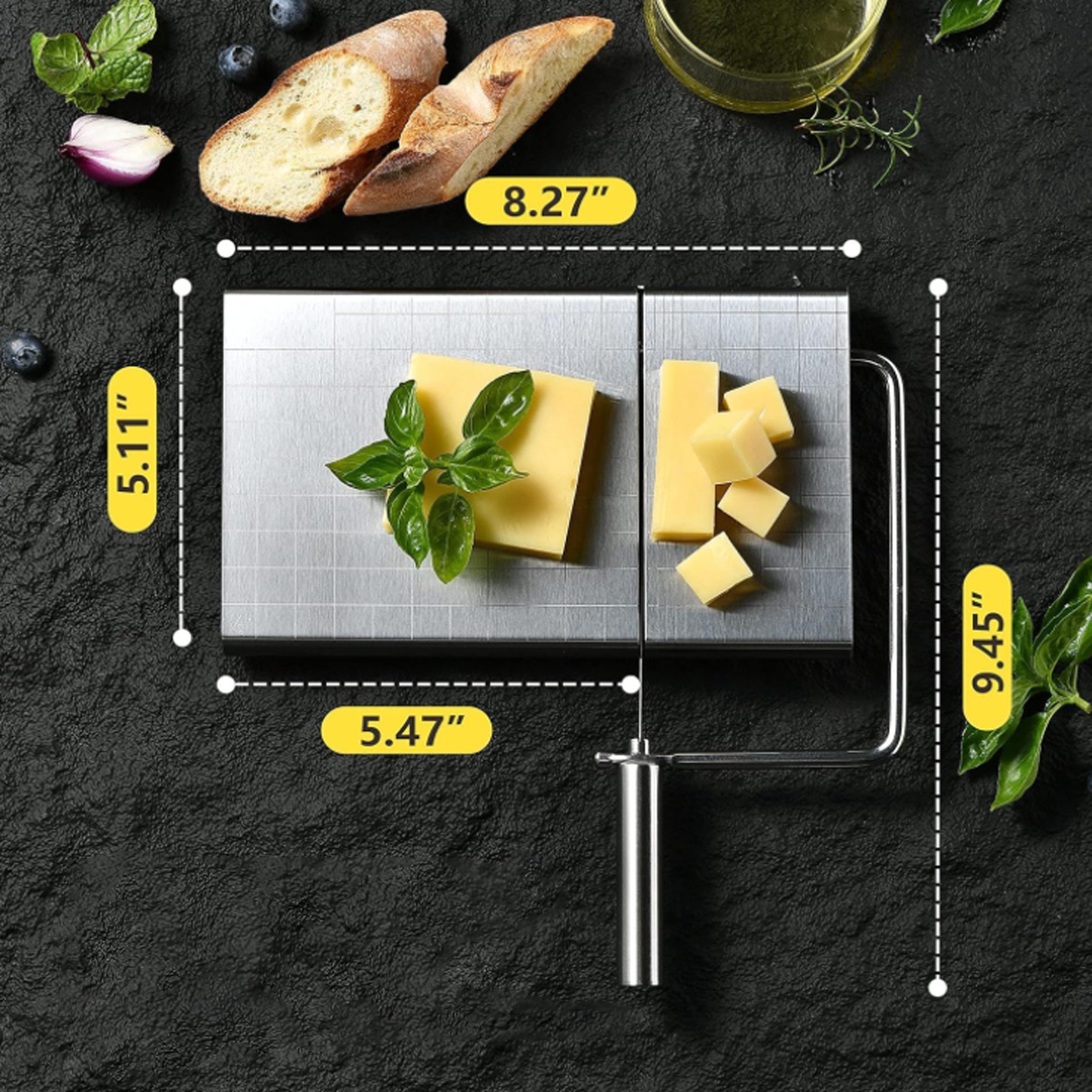 KINSI Käsehobel Edelstahl Käseschneider für Käse & Butter, mit Messplatte, und 5 Ersatzschnüren