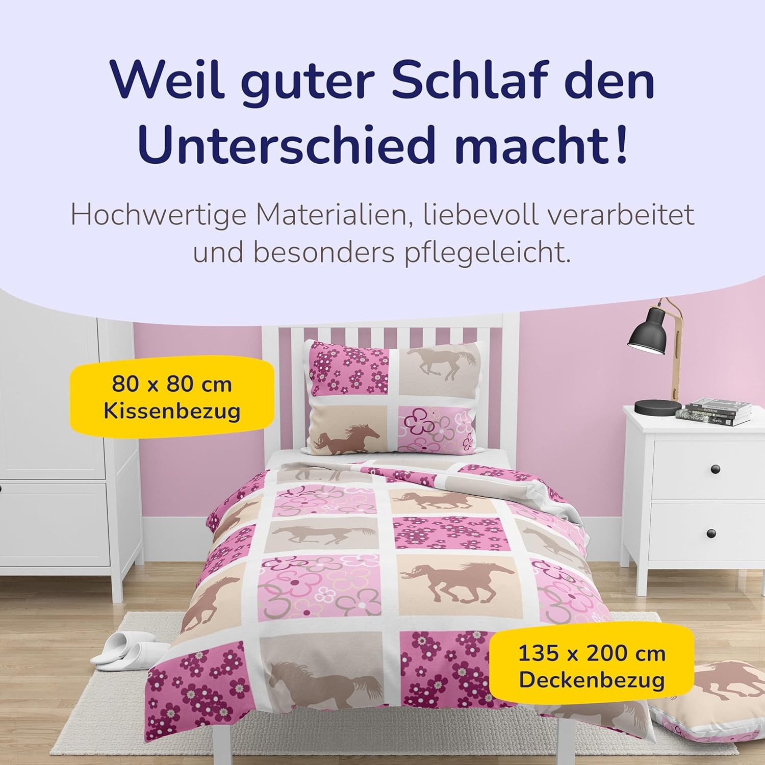 Träumschön Bettwäsche Premium Set aus Baumwolle 135x200 cm, Kinderbettwäsche Karo Pferd rosa, Baumwolle, 2 teilig, mit Reißverschluss, luftig und leichte Sommerbettwäsche für Kinder