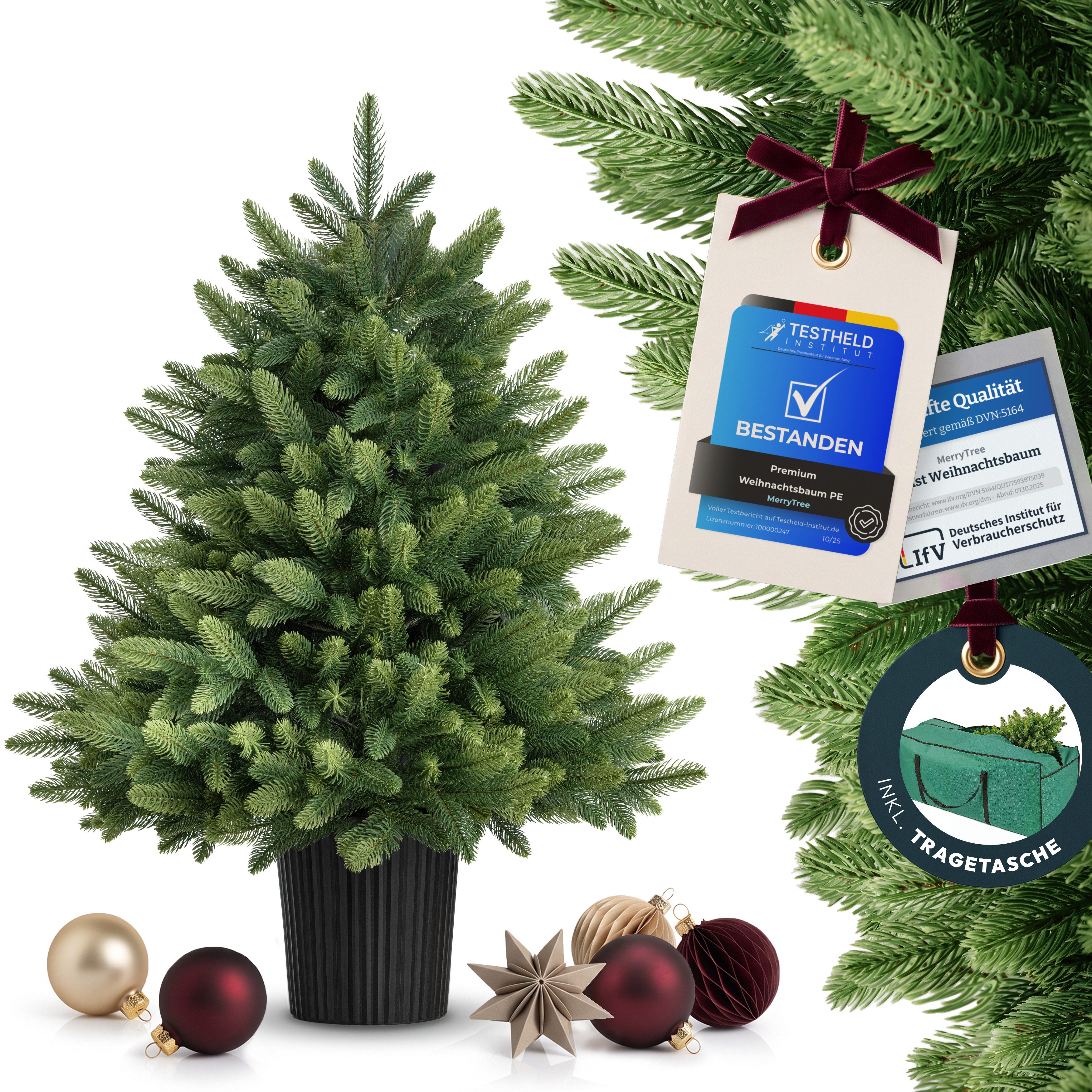 MERRY TREE Künstlicher Weihnachtsbaum Luxus Kunst-Tannenbaum, 100 % PE-Nadeln, Holzfuß, Nordmantanne, mit/ohne LED-Beleuchtung, Tannenbaum Spritzguss