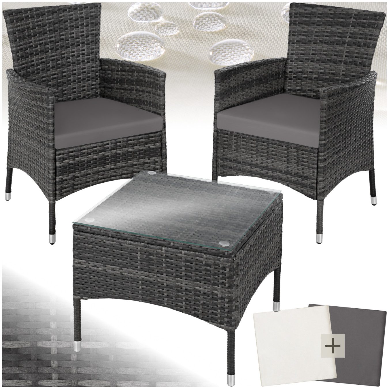 tectake Sitzgruppe Rattan Gartenset für 2 Personen, 2 Bezugssets, (Loungeset Luzern, 5-tlg., für Außen in Grau), widerstandsfähig, UV-beständig, mit Sicherheitsglasplatte