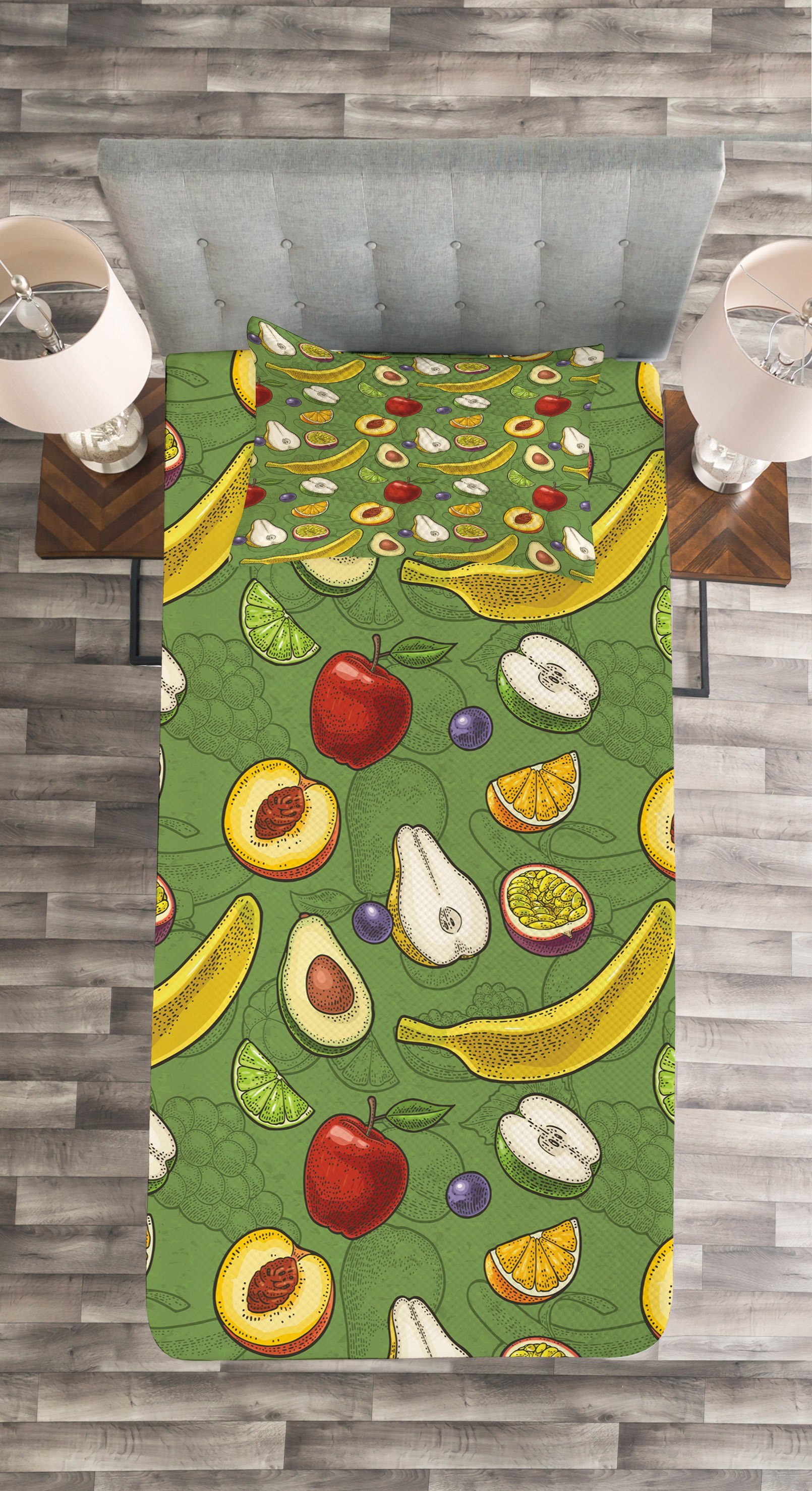 Tagesdecke Set mit Kissenbezügen Waschbar, Früchte Abakuhaus, Lime Avocado Äpfel Banana