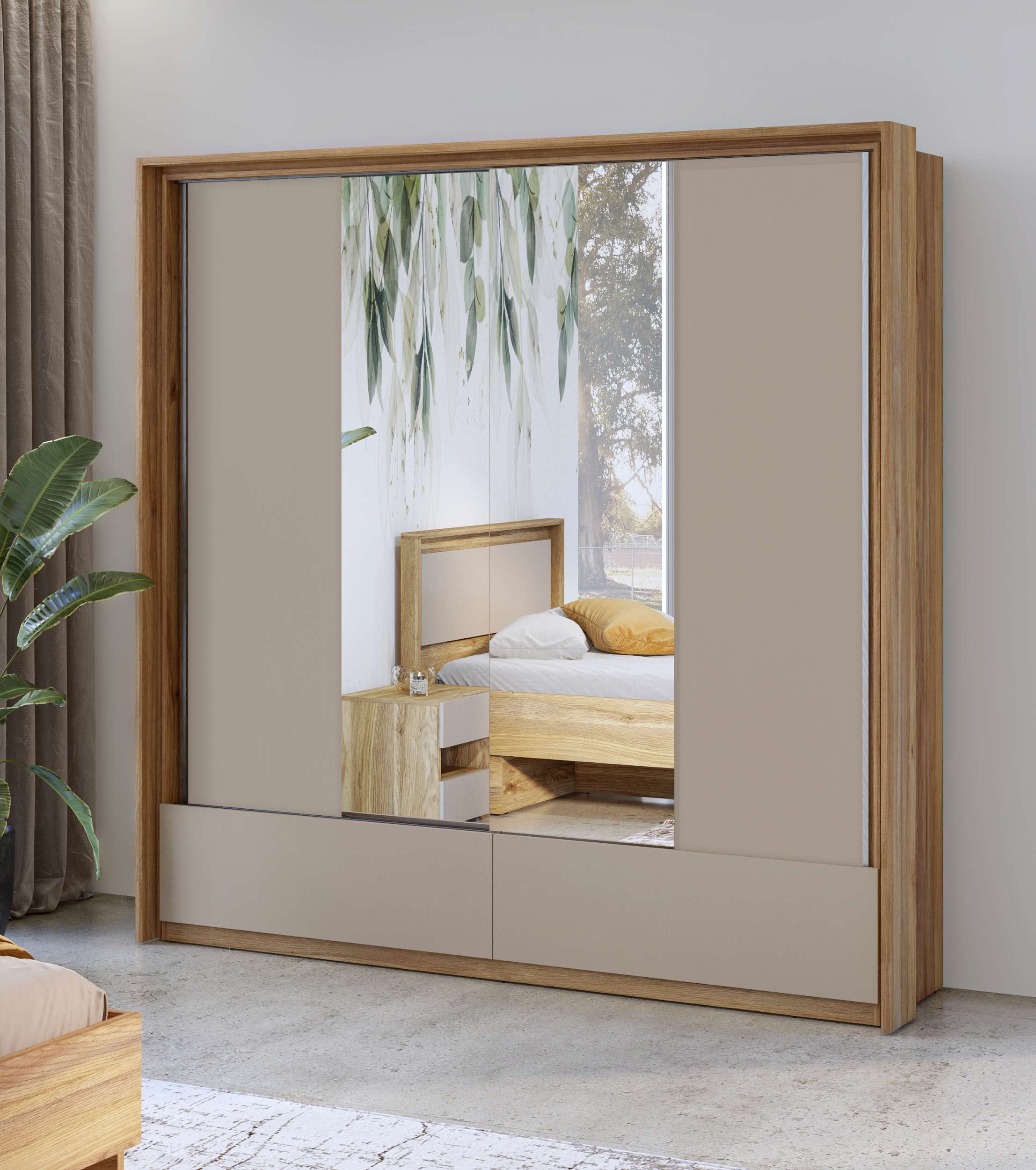 99rooms Schwebetürenschrank Pressi (Kleiderschrank, Schrank) mit 2 Schubladen, 5 Fächer, 4 Einlegeböden, Kleiderstange