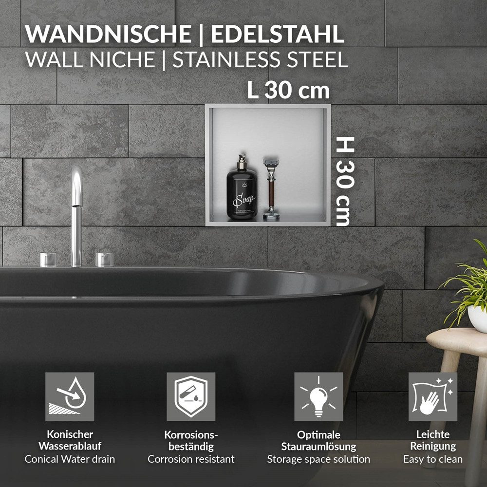 Thumbnail - LuxeBath Duschwand Wandnische mit Rahmen aus Edelstahl Flexibler Einbau für Badezimmer, Duschnische Silber 30x30x10cm Ei...