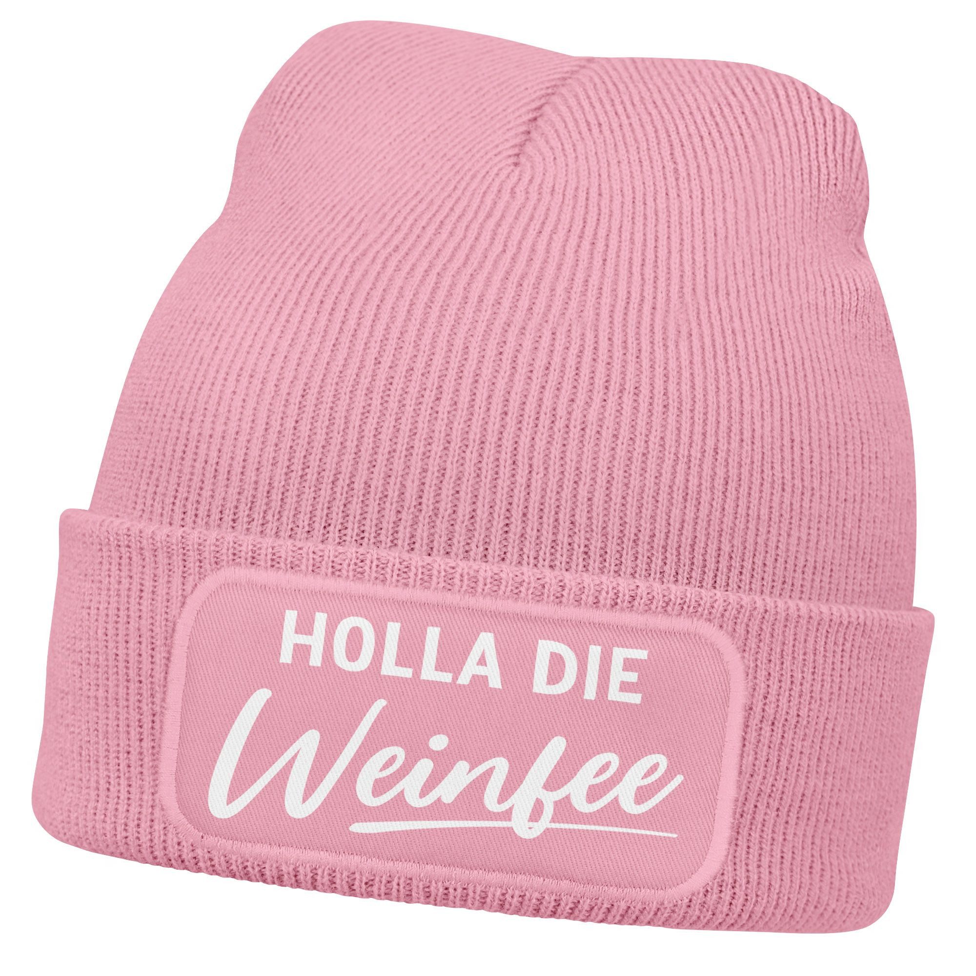 Strickmütze Damen Beanie mit Patch Strickmütze mit Spruch Holla die Weinfee