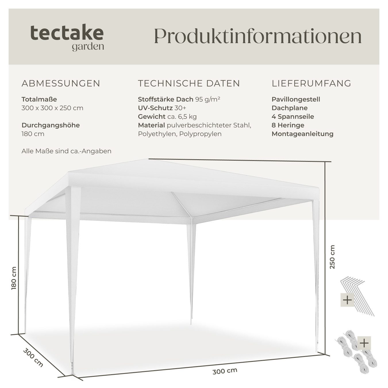tectake Pavillon Partyzelt Farah, wasserdicht, Stecksystem, 3x3m mit UV-Schutz, mit 0 Seitenteilen, (300 x 300 x 250 cm, Komplettset), im Stecksystem