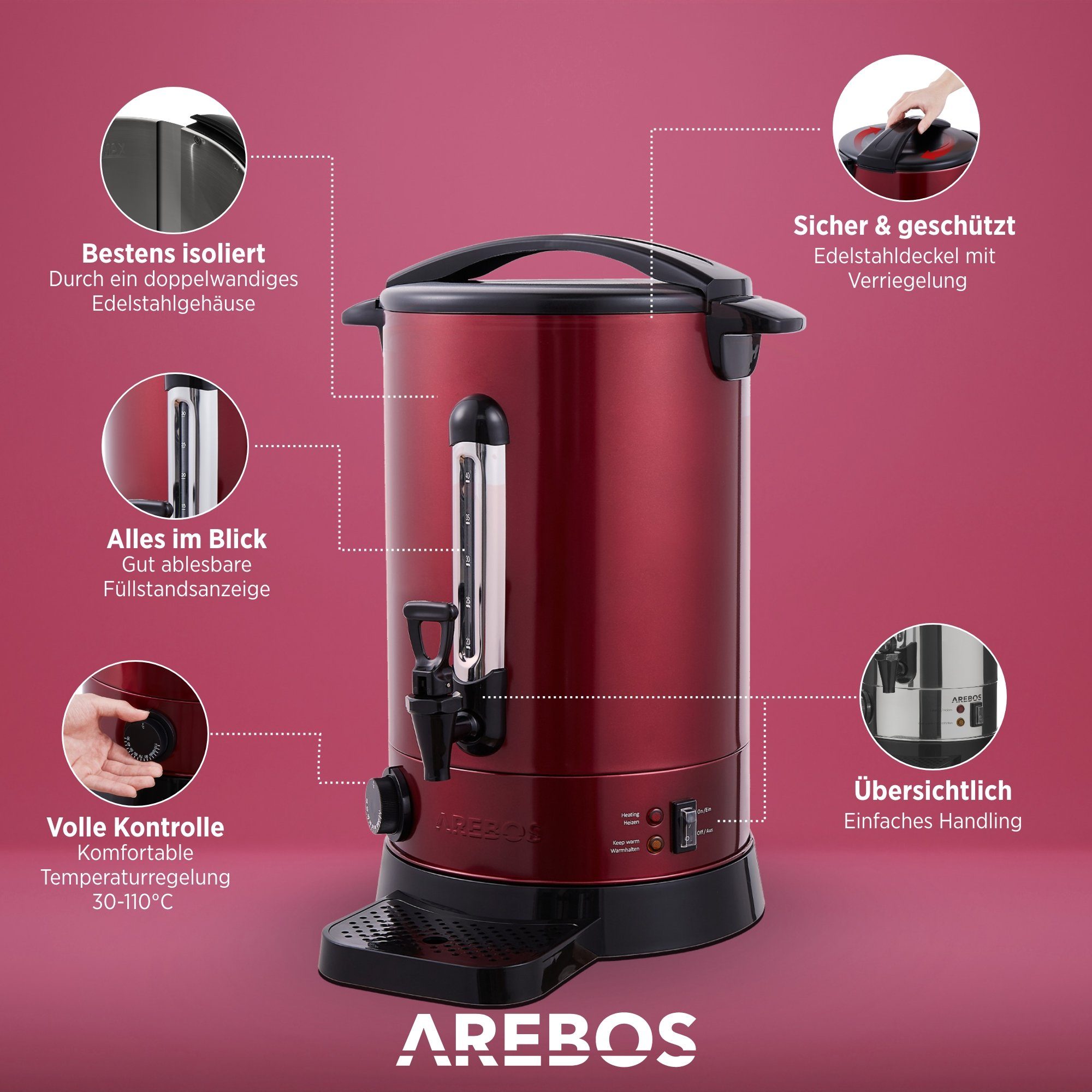 Arebos Einkoch- und Glühweinautomat 8,8 L, Überhitzungsschutz, Temperatureinstellung 30-110°C, 3 Farben, 950,00 W