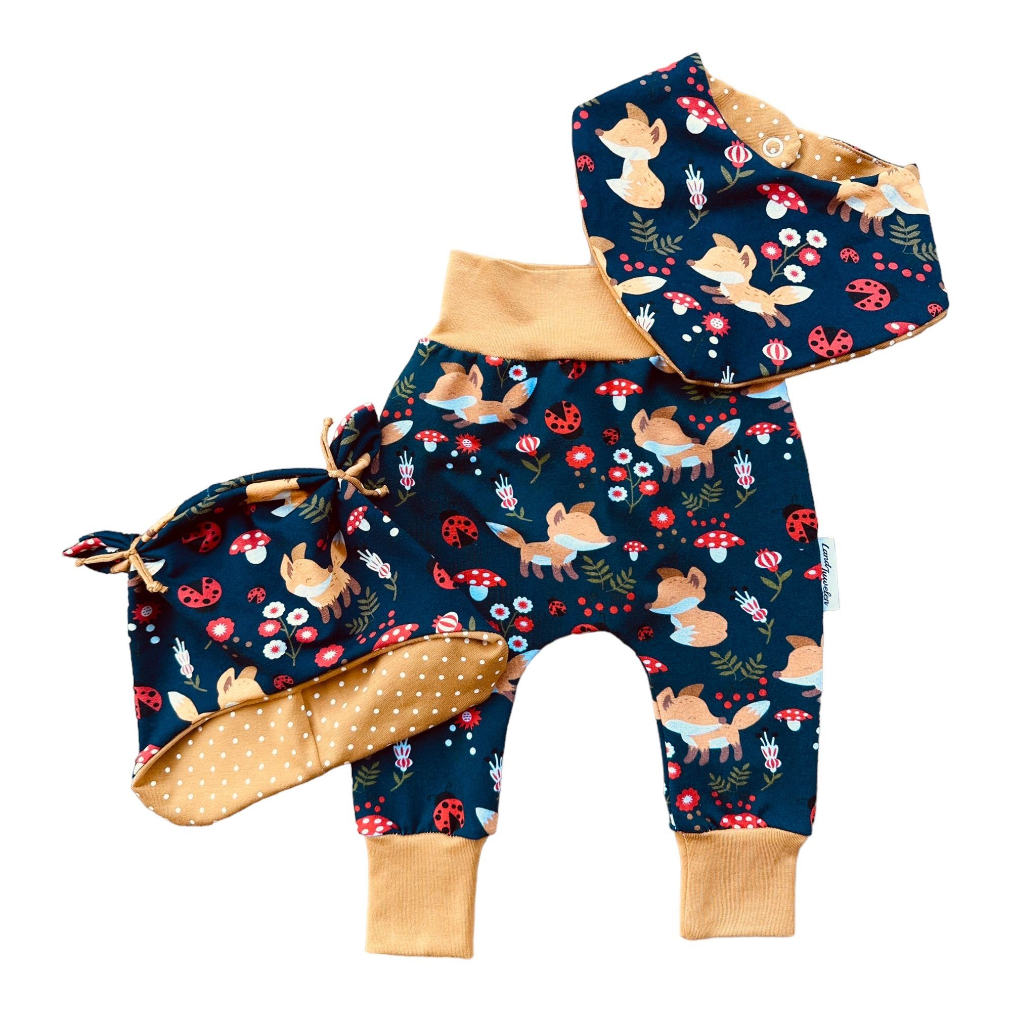 Neugeborenen-Geschenkset 3er Set Waldtiere navy Pumphose Mütze Tuch