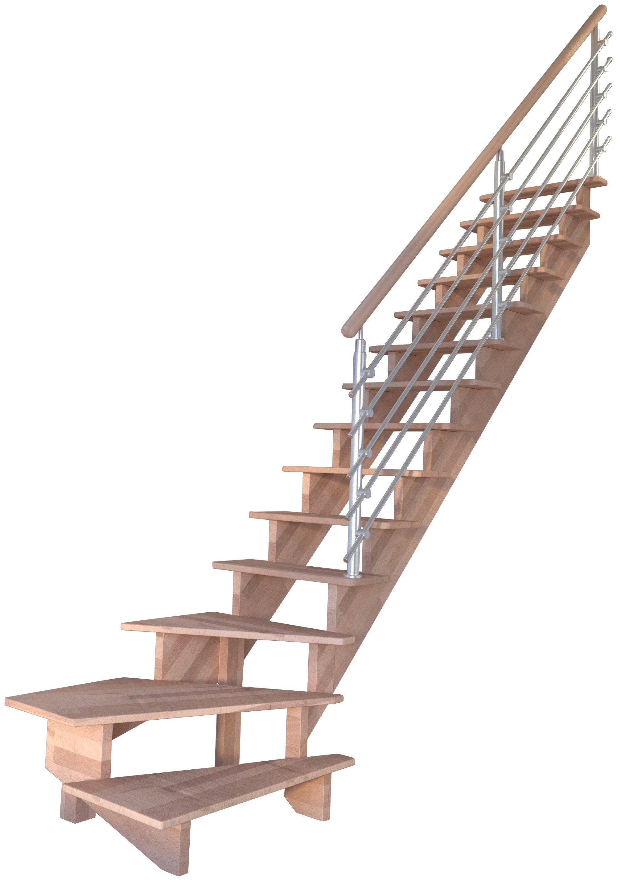 Starwood Systemtreppe Massivholz Lindos, Design-Geländer Edelstahl, für Geschosshöhen bis 300 cm, Stufen offen, gewendelt Rechts, Durchgehende Wangenteile