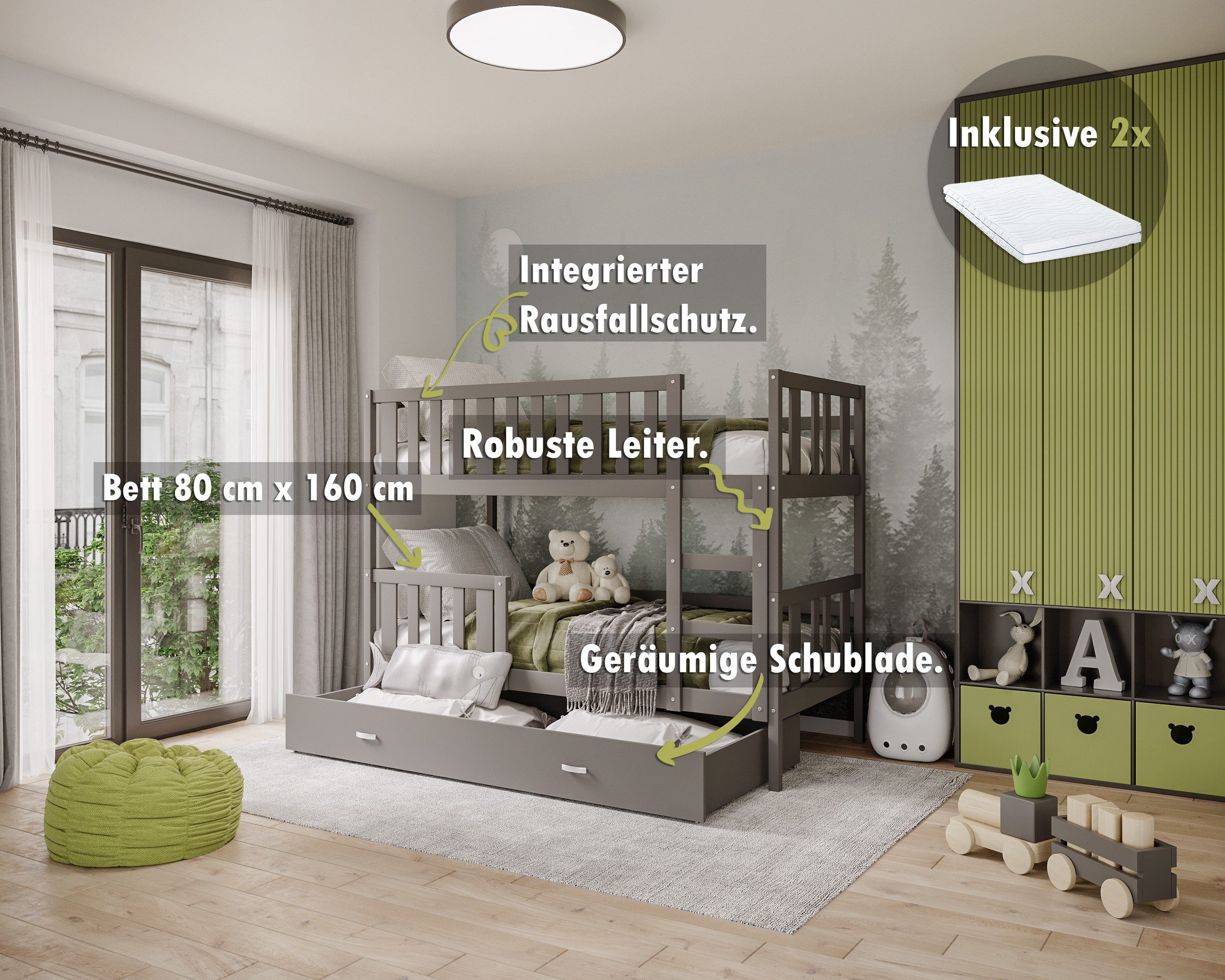 AJKmeble Hochbett mit Rausfallschutz, Etagenbett 80x160cm, günstig online kaufen