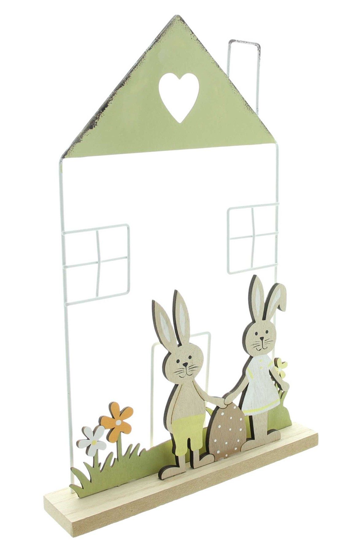 Dekoleidenschaft Dekofigur "Hasenhaus" aus Metall & MDF, Osterdeko, 2 Osterhasen Osterei & Blumen, 34 cm hoch, Deko-Objekt, Osterfigur
