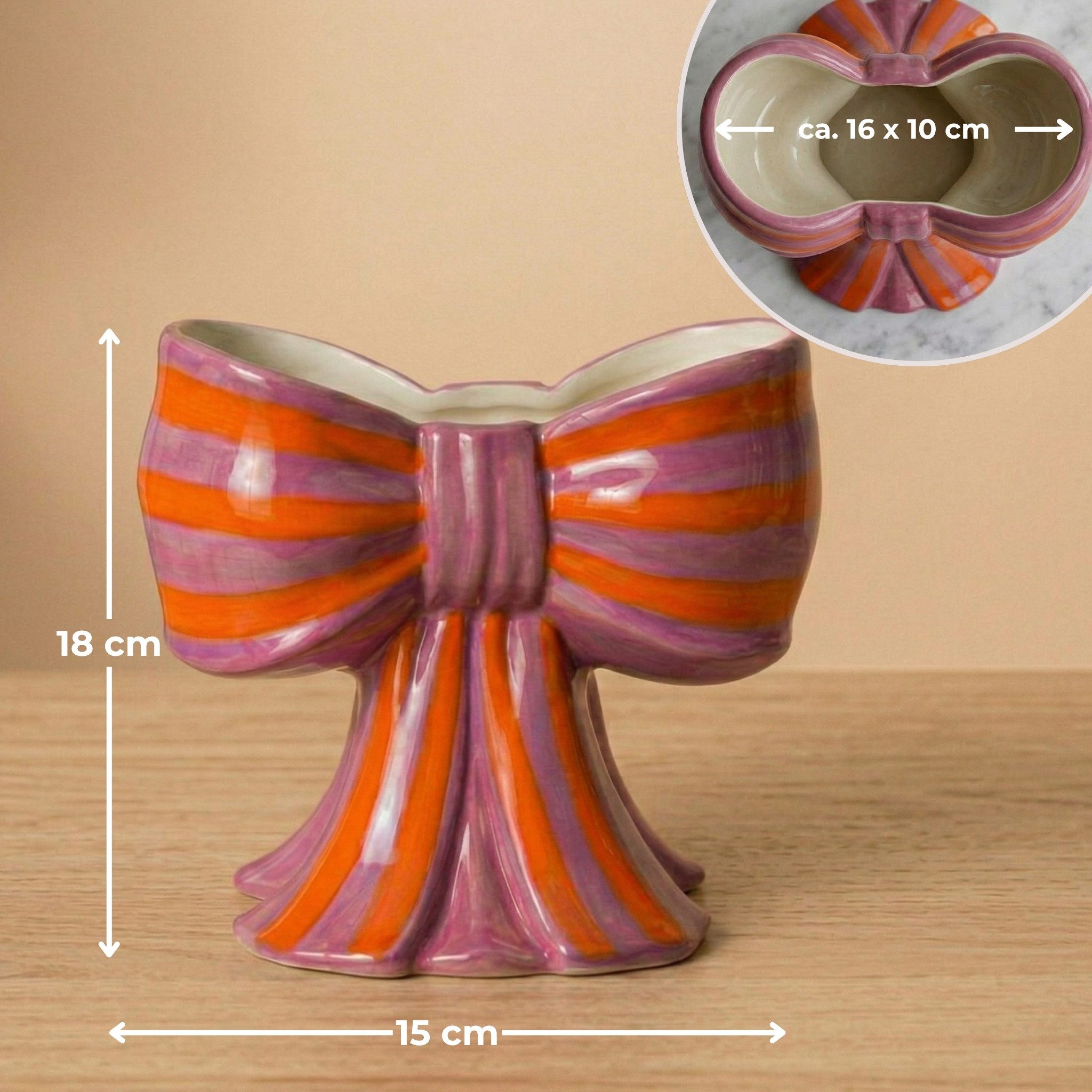 matches21 HOME & HOBBY Dekovase Blumenvase Schleife aus Keramik Gestreift, Dekovase in Lila Orange (1 St), Tulpenvase im Dopamin Stil 15 cm
