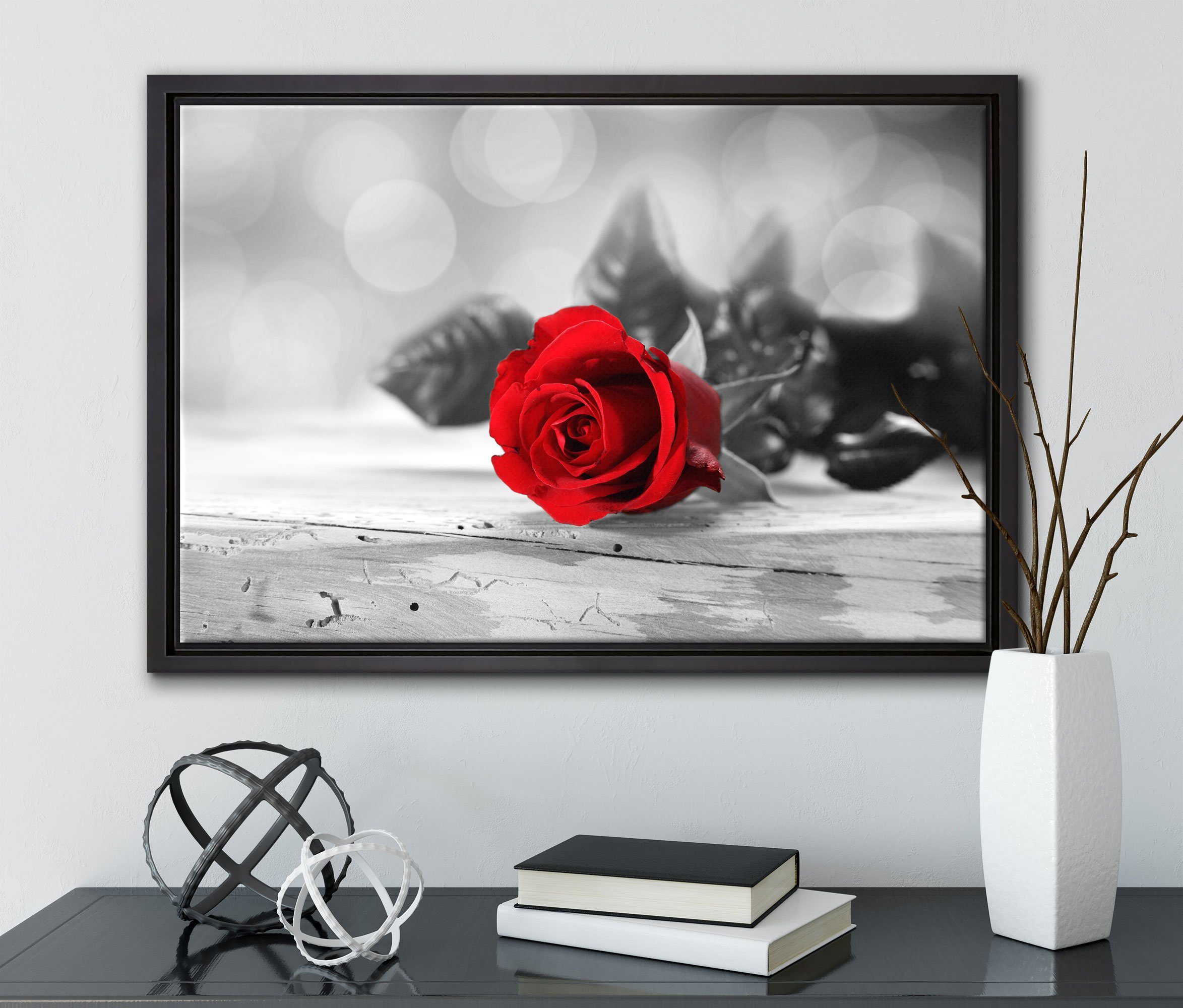 Rose Pixxprint Leinwandbild gefasst, Leinwandbild einem (1 St), auf Zackenaufhänger bespannt, inkl. Wanddekoration fertig in Holztisch, Schattenfugen-Bilderrahmen