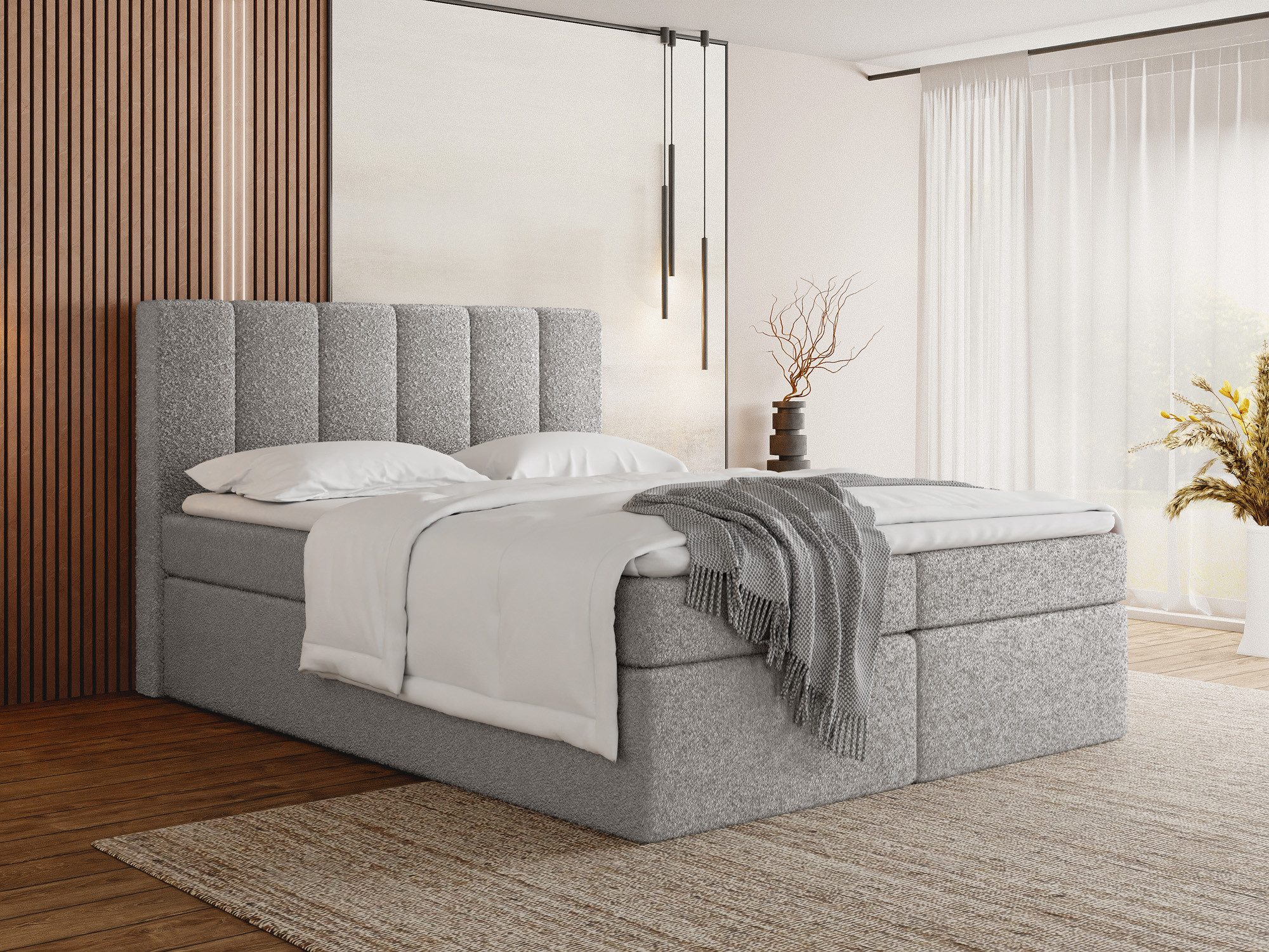 WFL GROUP Boxspringbett Amira mit hohem, gepolstertem Kopfteil, Boucle oder Samt Stoff (erhältlich in 5 Größen 120x200, 140x200, 160x200, 180x200, 200x200 cm), Doppelbett mit Matratze, Topper, Bettkasten & Stauraum, Made in EU