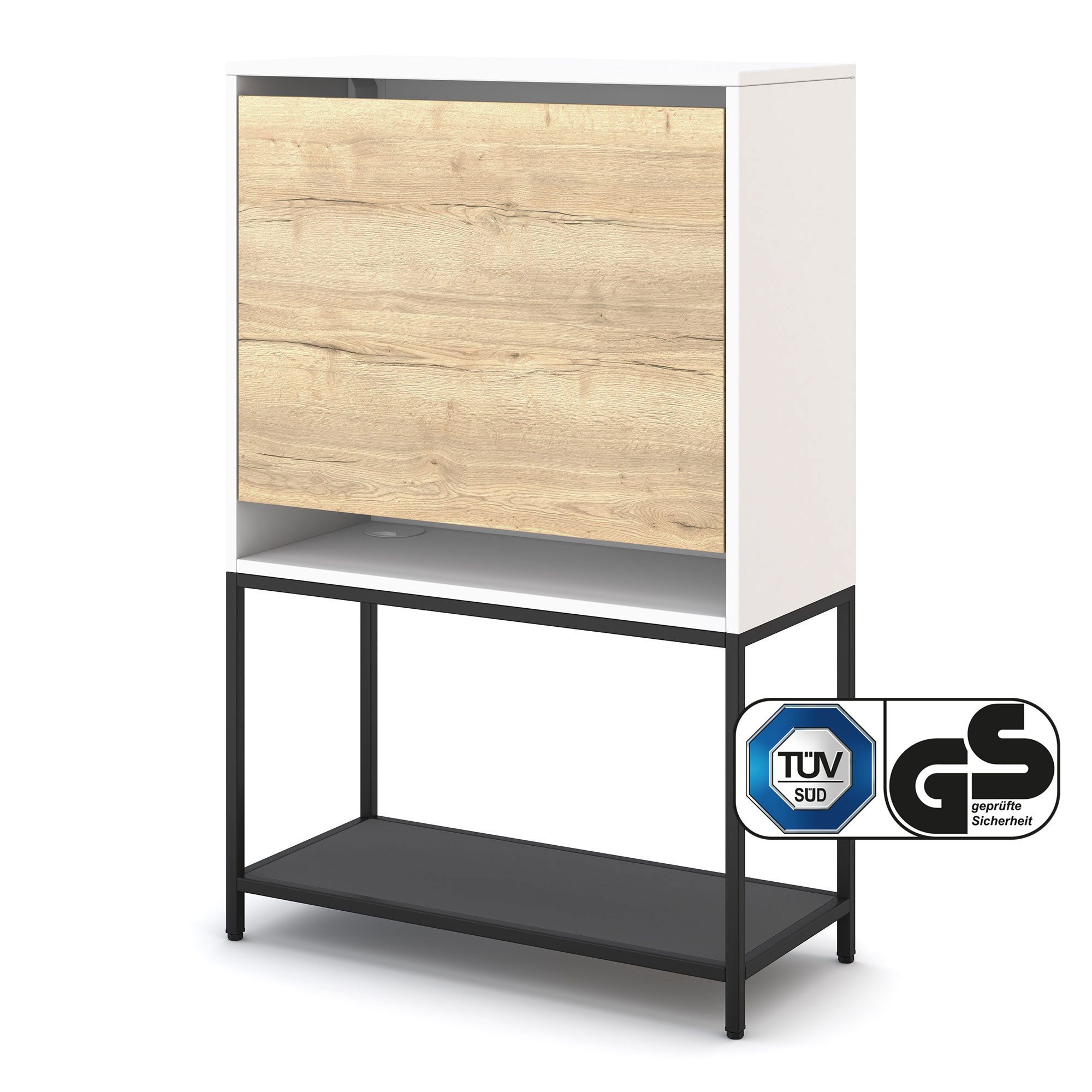 ASSMANN Büromöbel Sekretär CUBAS Premium (74x80cm Eiche Natura Schwarz Weiß 123x80x36cm, einfache Montage, für Homeoffice), TÜV-zertifiziert