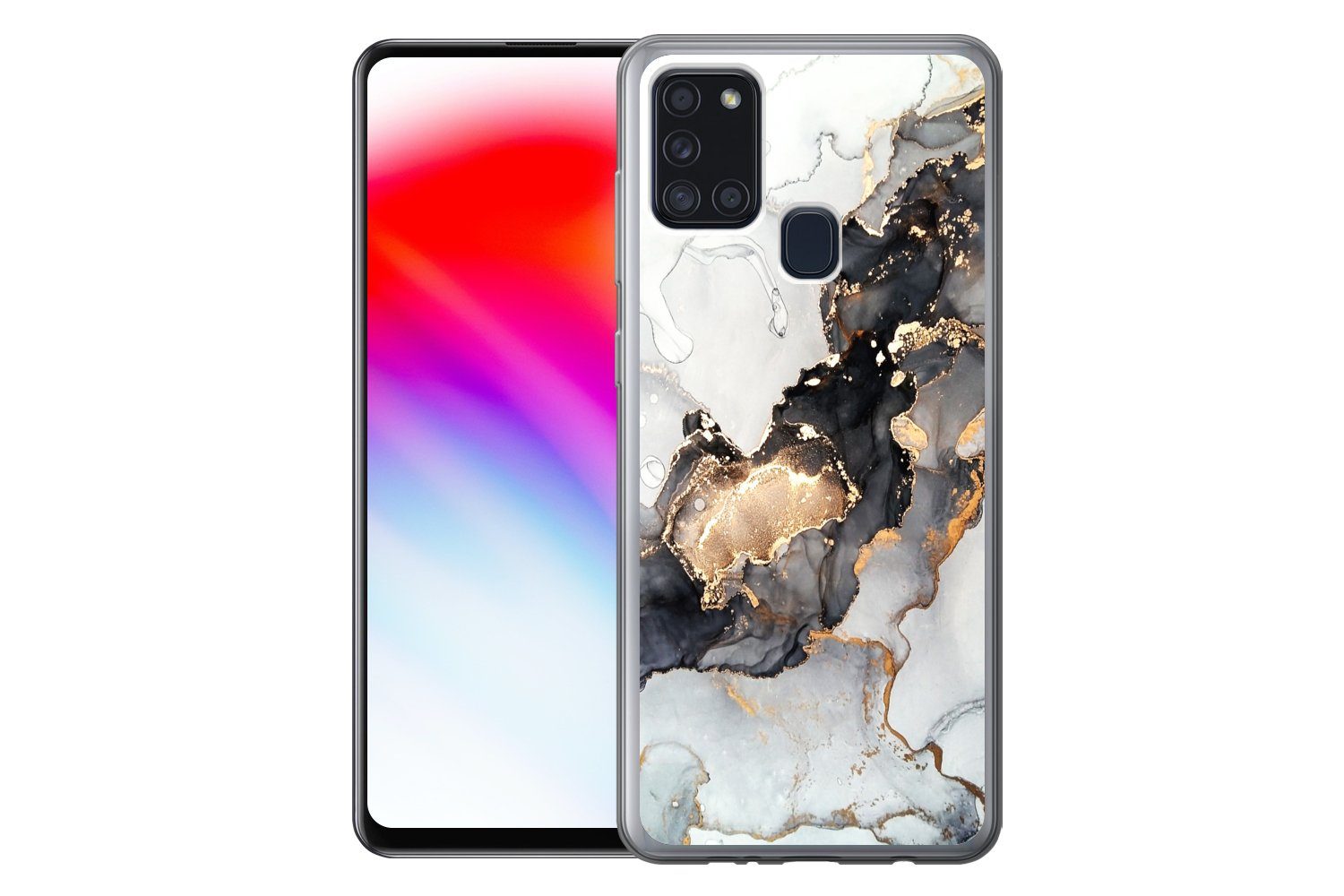 MuchoWow Handyhülle für Samsung Galaxy A21s Marmor - Schwarz - Weiß - Gold - Luxus - Abstr, Smartphone-Bumper, Print, Handy Schutzhülle Dünn