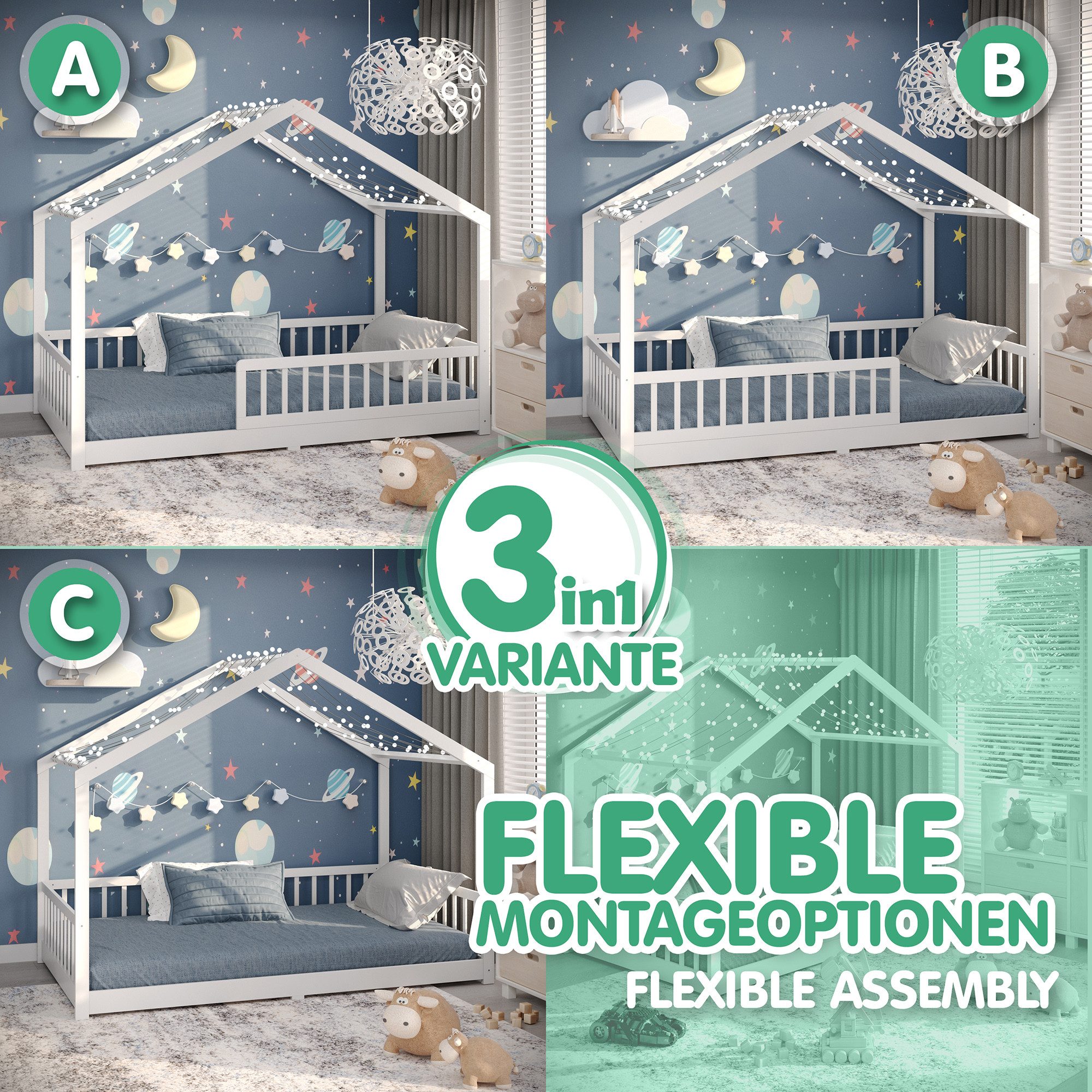 CADANI Kinderbett Malte Hausbett Bodenbett Rausfallschutz abnehmbar bis 200 kg belastbar (120x200 cm, Montessori Kinder- & Jugendbett aus Kiefer Massivholz), inkl. stabilem Roll-Lattenrost, langfristig nutzbar, Weiss