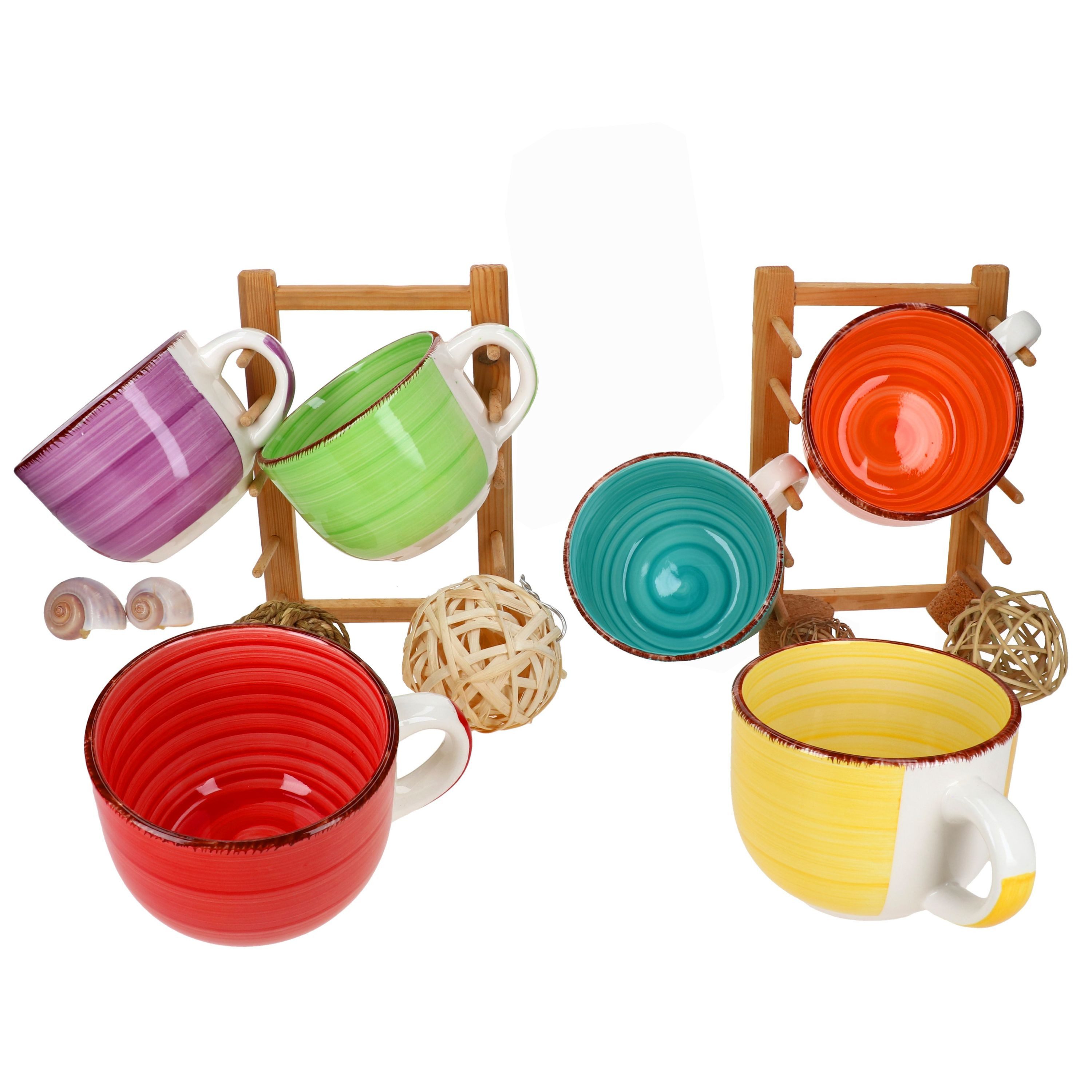 MamboCat Becher 6er Set Uni Jumbotasse 400ml 6 Personen bunte XL-Becher Kakao Kaffee, Steingut – Bild 3 von 5