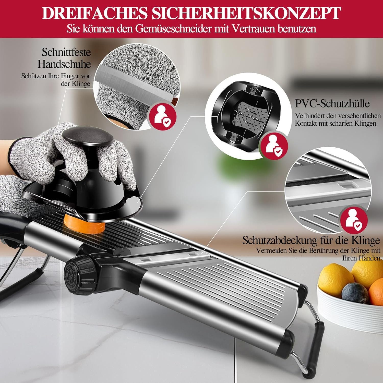 TUWENA Gemüsehobel Mandoline 5-In-1 Gemüseschneider Verstellbar Dünne Scheiben, Edelstahl Mehrzweck Küchenhobel Küchenreibe mit Klingenschützer – Bild 3 von 5