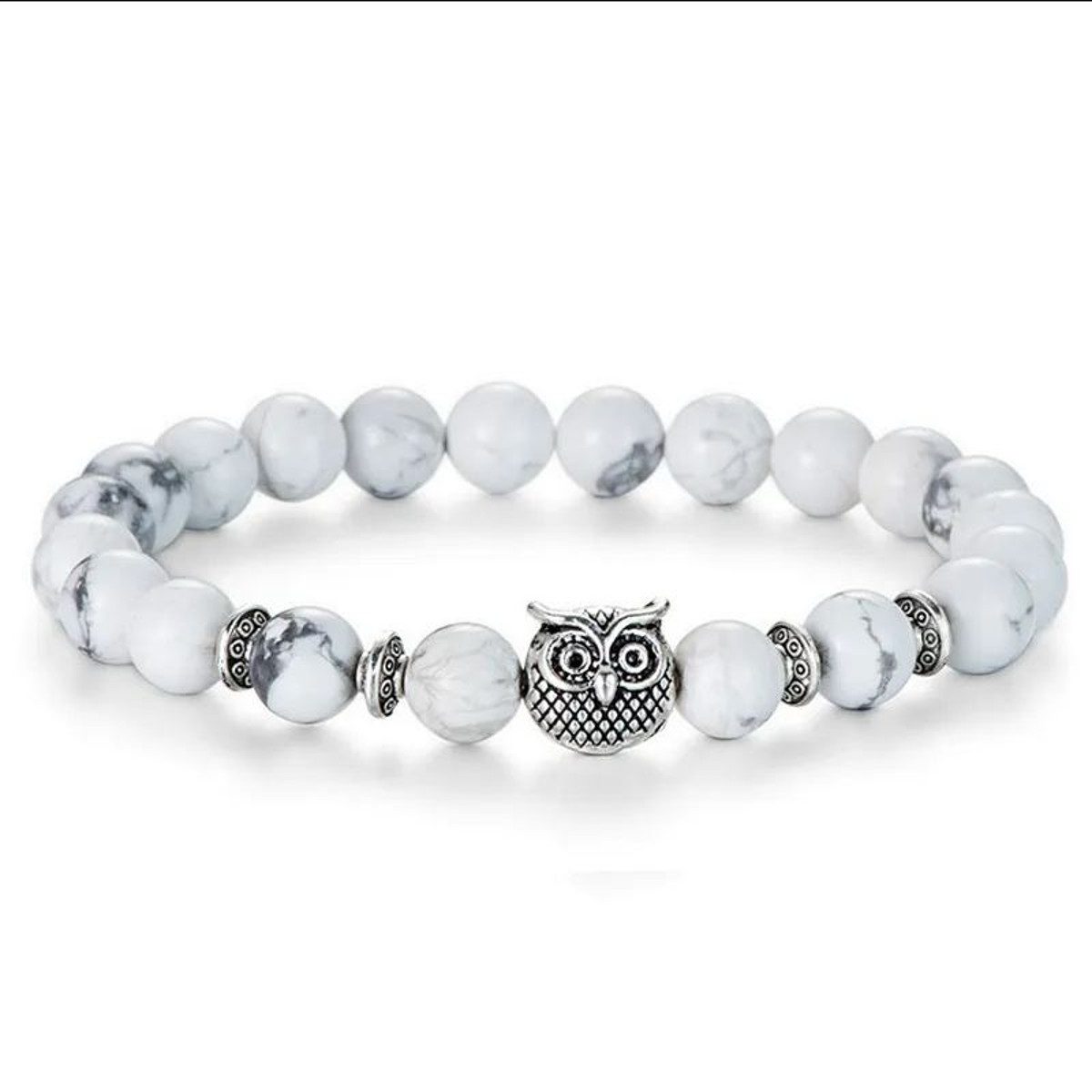 KARMA Perlenarmband Armband Damen Eule Braun, Weiß od. Schwarz Natursteine (Armschmuck, 1-tlg., Damenarmband), White Turquoise, Tigerauge oder Frosted Stone Edelstein