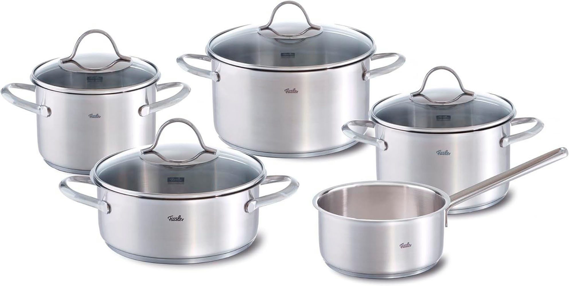 Fissler Topf-Set Palermo, Edelstahl 18/10 (Set, 9-tlg., Kochtopf 16/20/24cm, Bratentopf 20cm,Stielkasserolle ohne Deckel), geeignet für Induktion, breiter Schüttrand