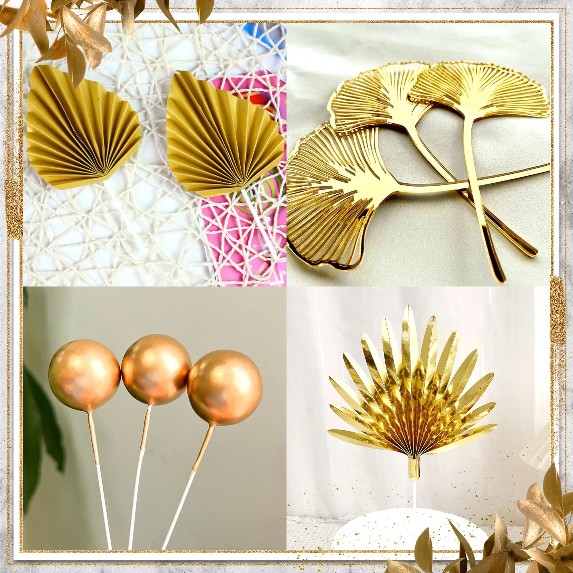 Bomiclss Tortenstecker Tortendekoration Boho Stil – Cake Topper Champagner Rosa & Weiß, Goldene Palmblätter, Party Deko für Hochzeit, Geburtstag & Feier – Bild 5 von 5