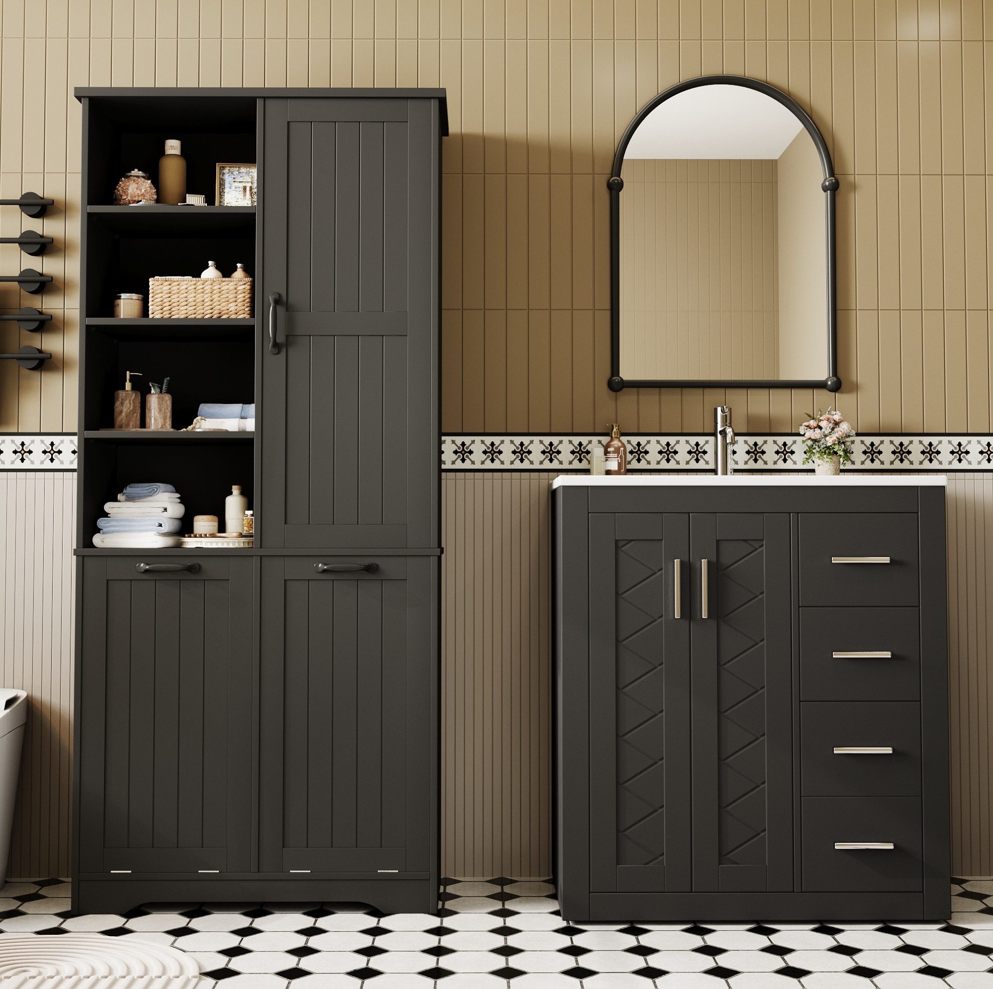 REDOM Badkommode Badezimmer-Waschtisch (schwarzes MDF-Set mit Keramikwaschbecken und Wäschesystem, 1 St., Waschtisch 76×46,5×85,5 cm + Schrank 78×35×172 cm), mit 2 verstellbaren Regalen
