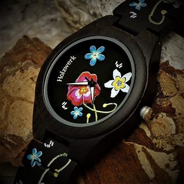 Holzwerk Quarzuhr FLOWER Damen Holz Armband Uhr mit Blumen Muster in schwarz, bunt