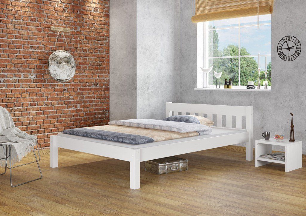 Kieferwaschweiß Bett weiß ERST-HOLZ 160x200 Massivholz-Bettgestell Doppelbett,