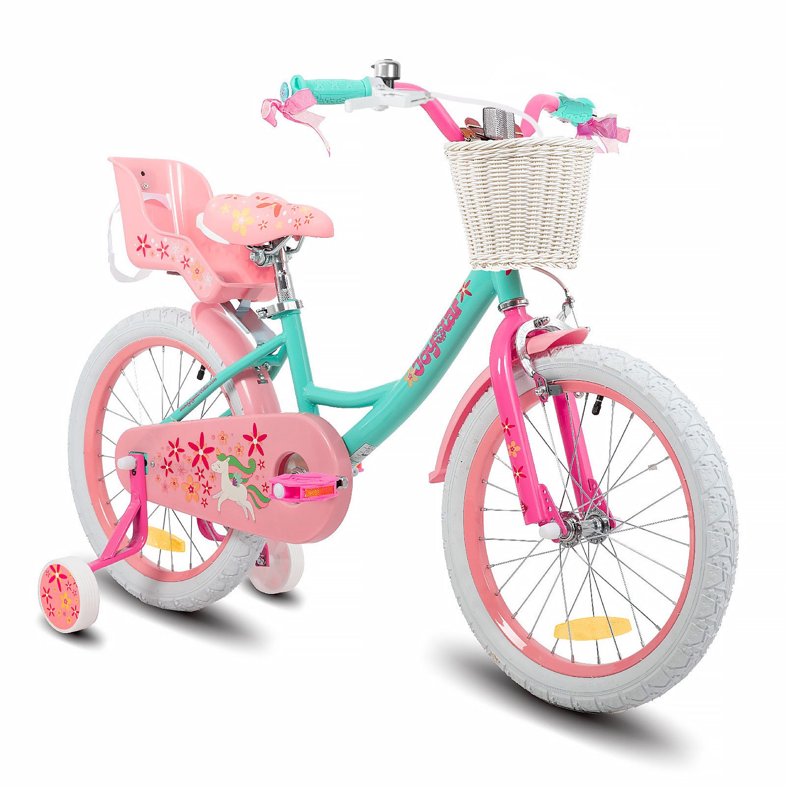 JOYSTAR Kinderfahrrad 12 14 16 18 Zoll Mädchenfahrrad, 3 - 9 Jahre, Geschenk für Prinzessin, 1 Gang, Puppenradsitz & Stützrädern& Korbstreamer, 18 Zoll mit Stützrädern