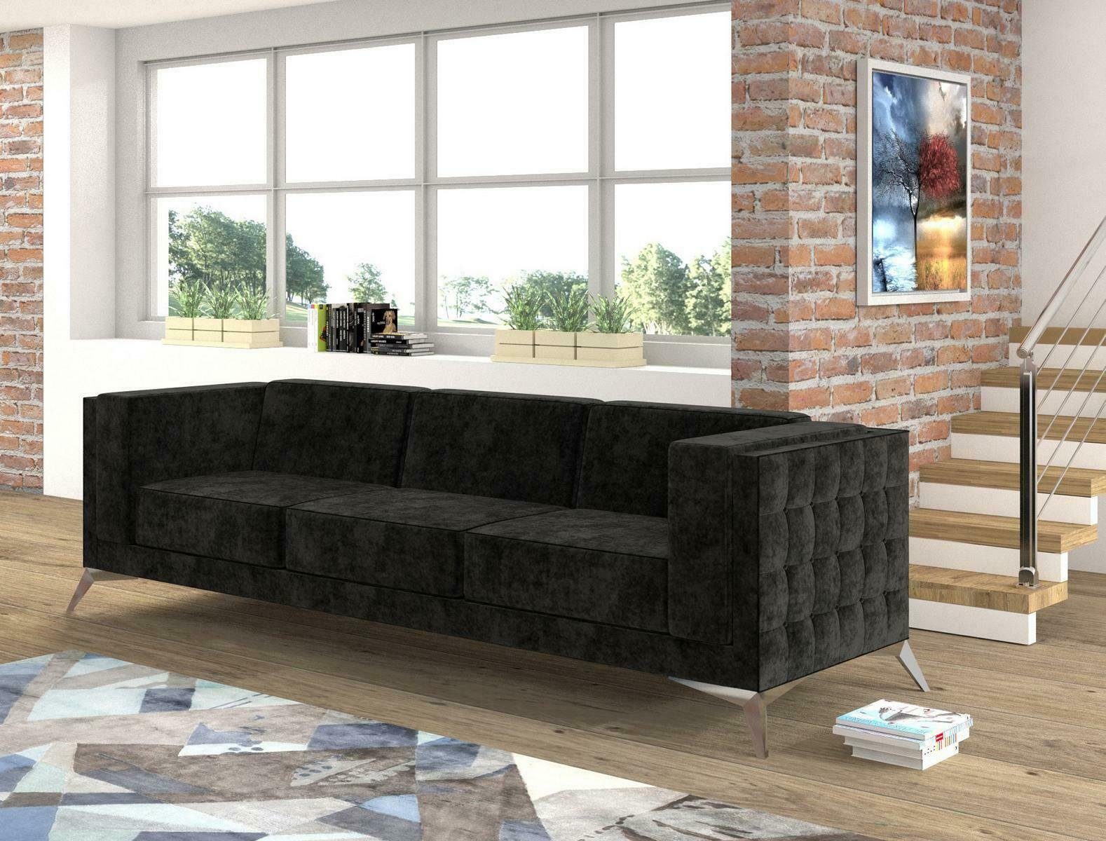 Moderne Luxus Made Couch Europe Dreisitzer Mit JVmoebel Edelstahlfüßen Sofa, Schwarzer Sofa in