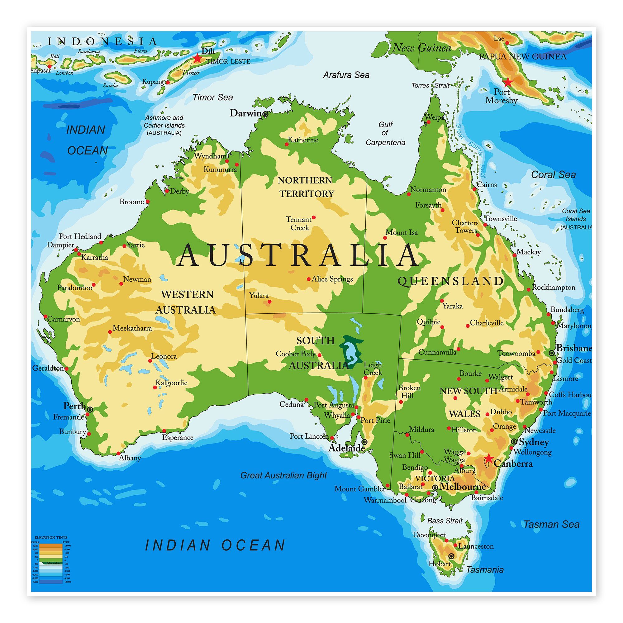 Posterlounge Poster Editors Choice, Australien - Topographische Karte (Englisch), Klassenzimmer Illustration