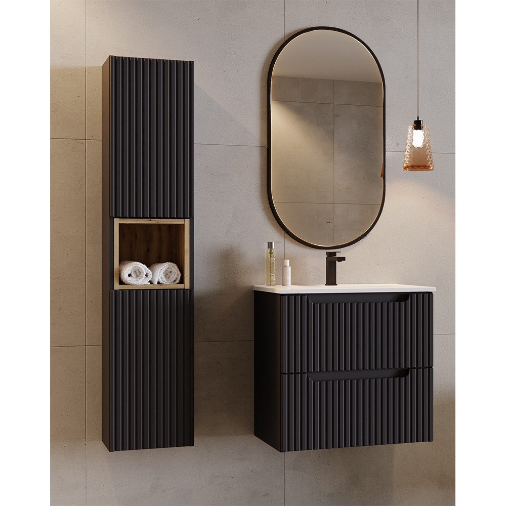 Lomadox Badmöbel-Set NEWPORT-56-BLACK, (Spar-Set, 3-St., Badregal Badspiege günstig online kaufen