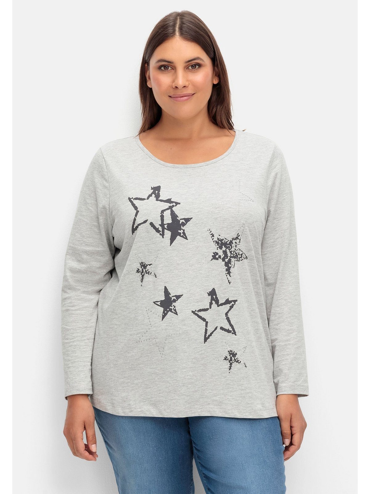 Große meliert Sheego Langarmshirt Größen bedruckt grau Sternen-Frontdruck mit