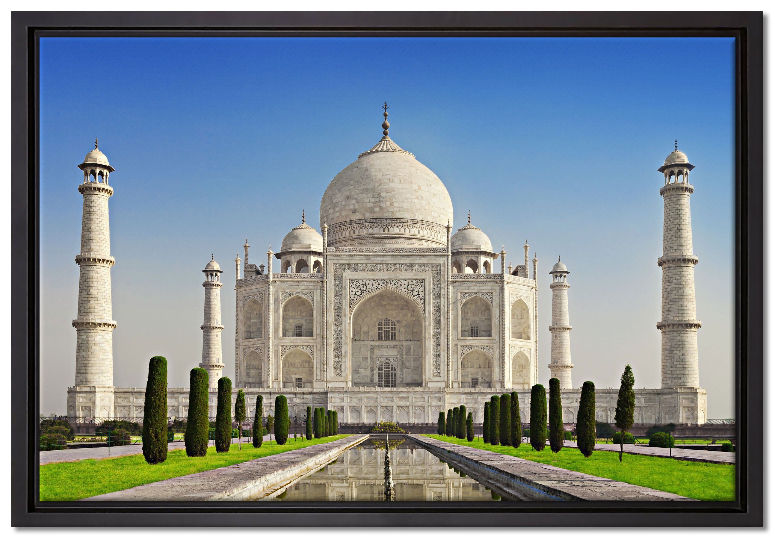 Pixxprint Leinwandbild Gewaltiger Taj Mahal, Wanddekoration (1 St), Leinwandbild fertig bespannt, in einem Schattenfugen-Bilderrahmen gefasst, inkl. Zackenaufhänger