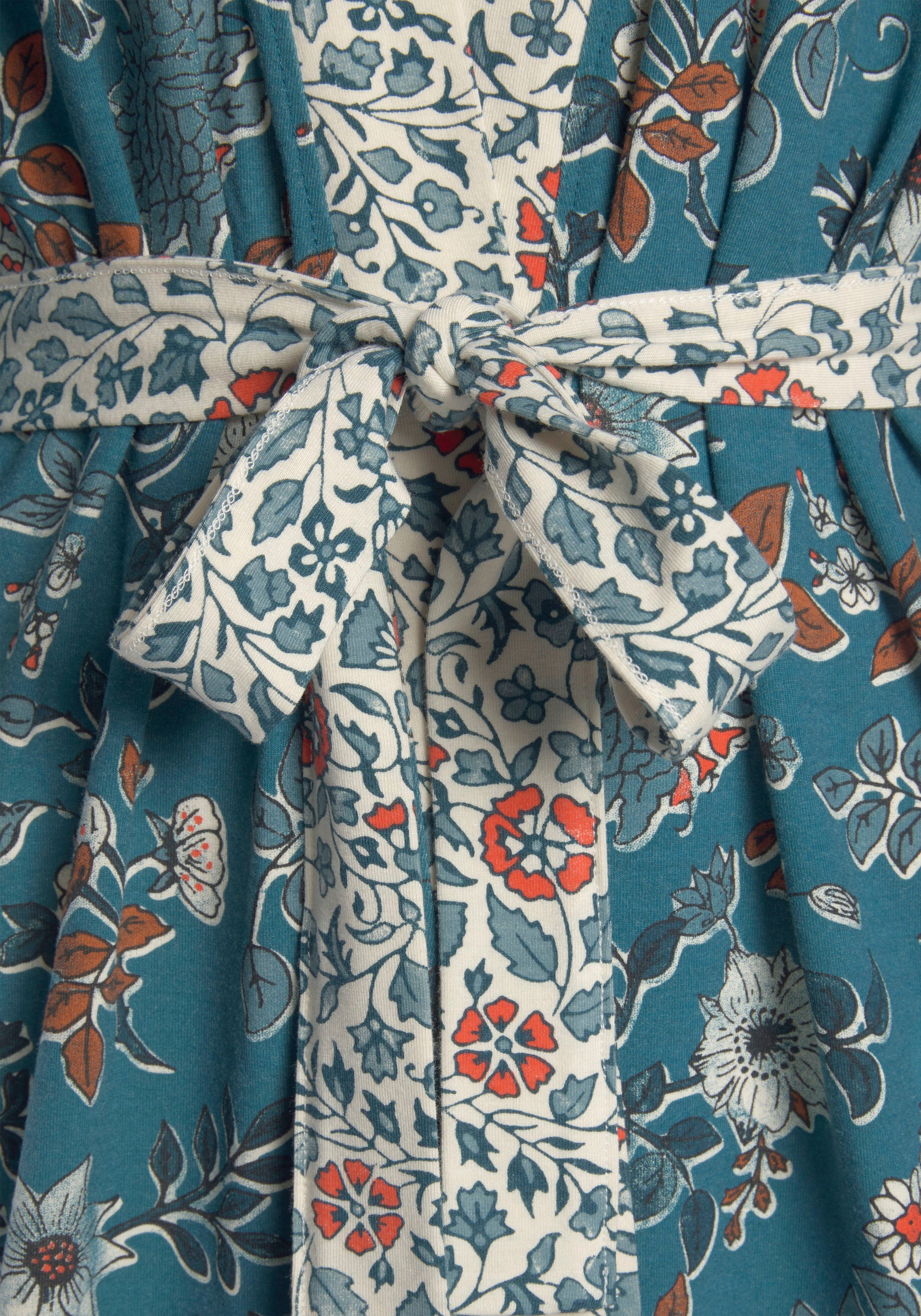 Blumen Jersey, rauchblau-ecru Allover-Druck Kimono, LASCANA Gürtel, Kurzform, mit Kimono-Kragen,