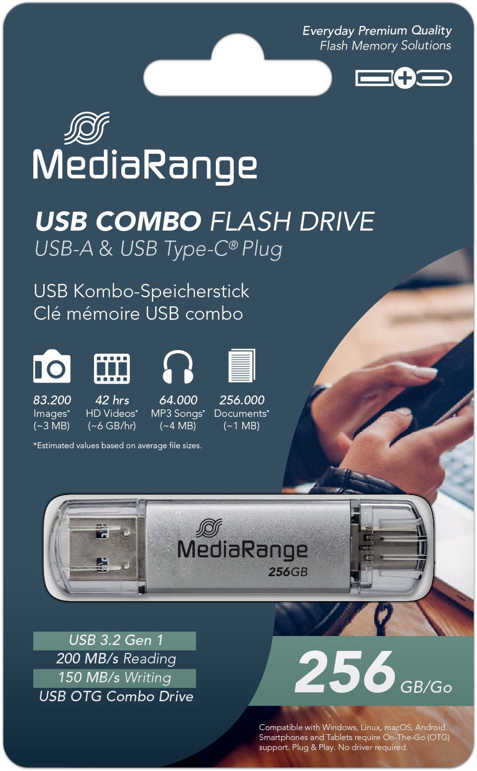 Mediarange USB Stick 256GB Speicherstick Combo silber USB 3.2 Gen 1 USB-A USB-C USB-Stick