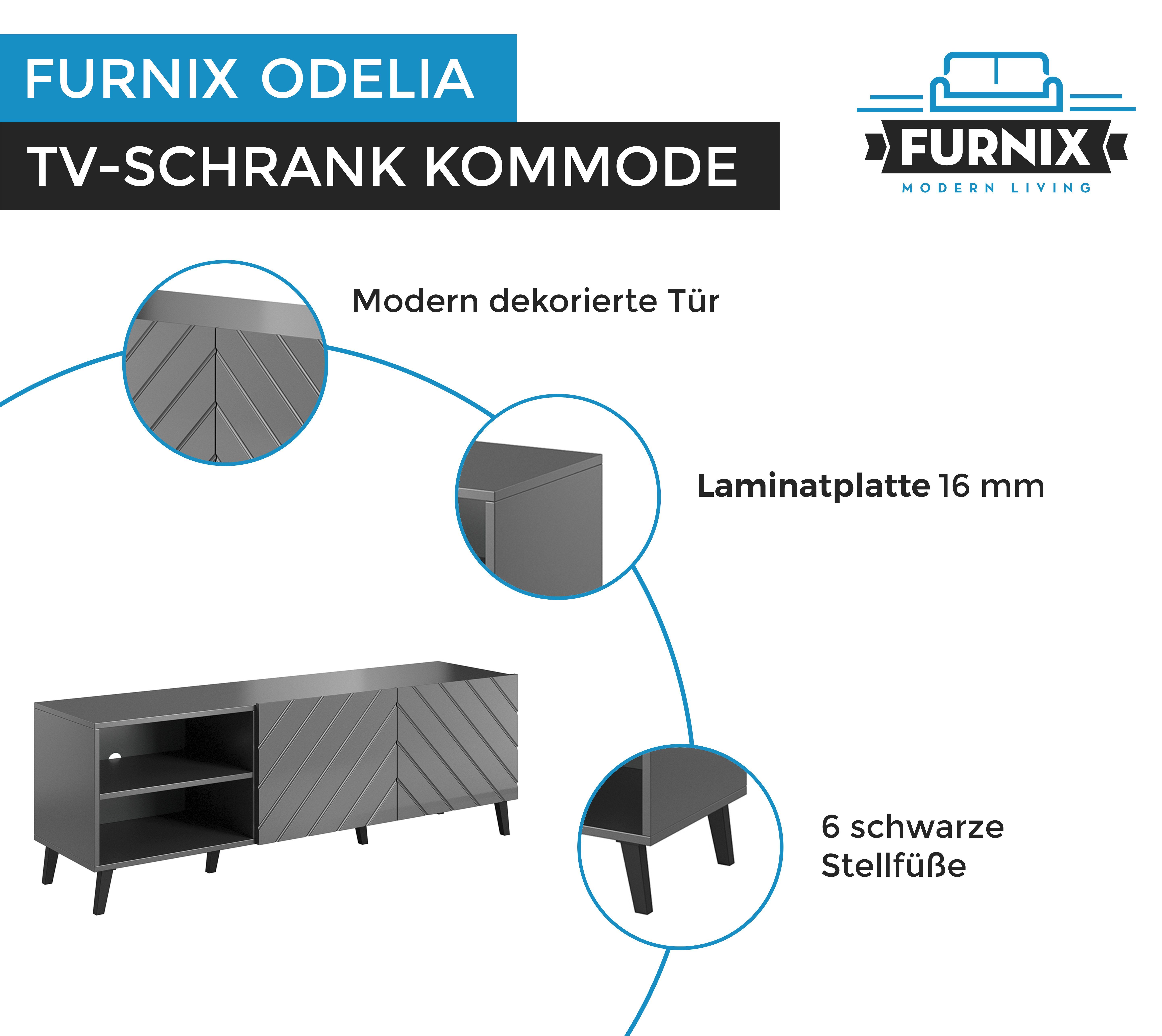 Furnix TV-Schrank ODELIA 150 Lowboard T41,6 H52 Fernsehschrank Glanz 200 Ziertüren bzw. cm mit x Graphit Auswahl B150 x
