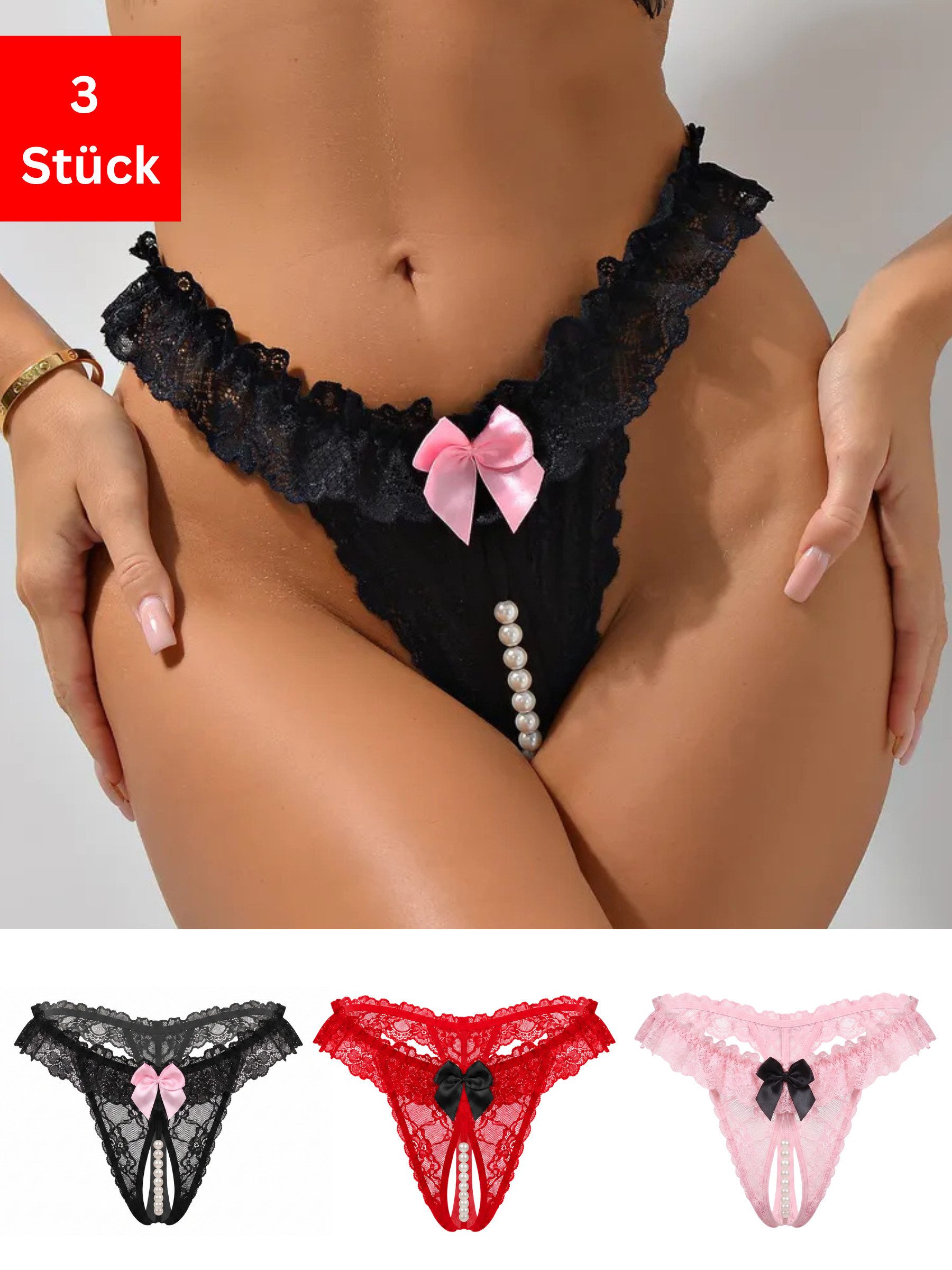 Elegant Love Tanga-Ouvert Damenunterwäsche, sexy Dessous mit Ouvert (Packung, 3er-Pack) Reizwäsche, V-Strings mit offenem Schritt & Perlen