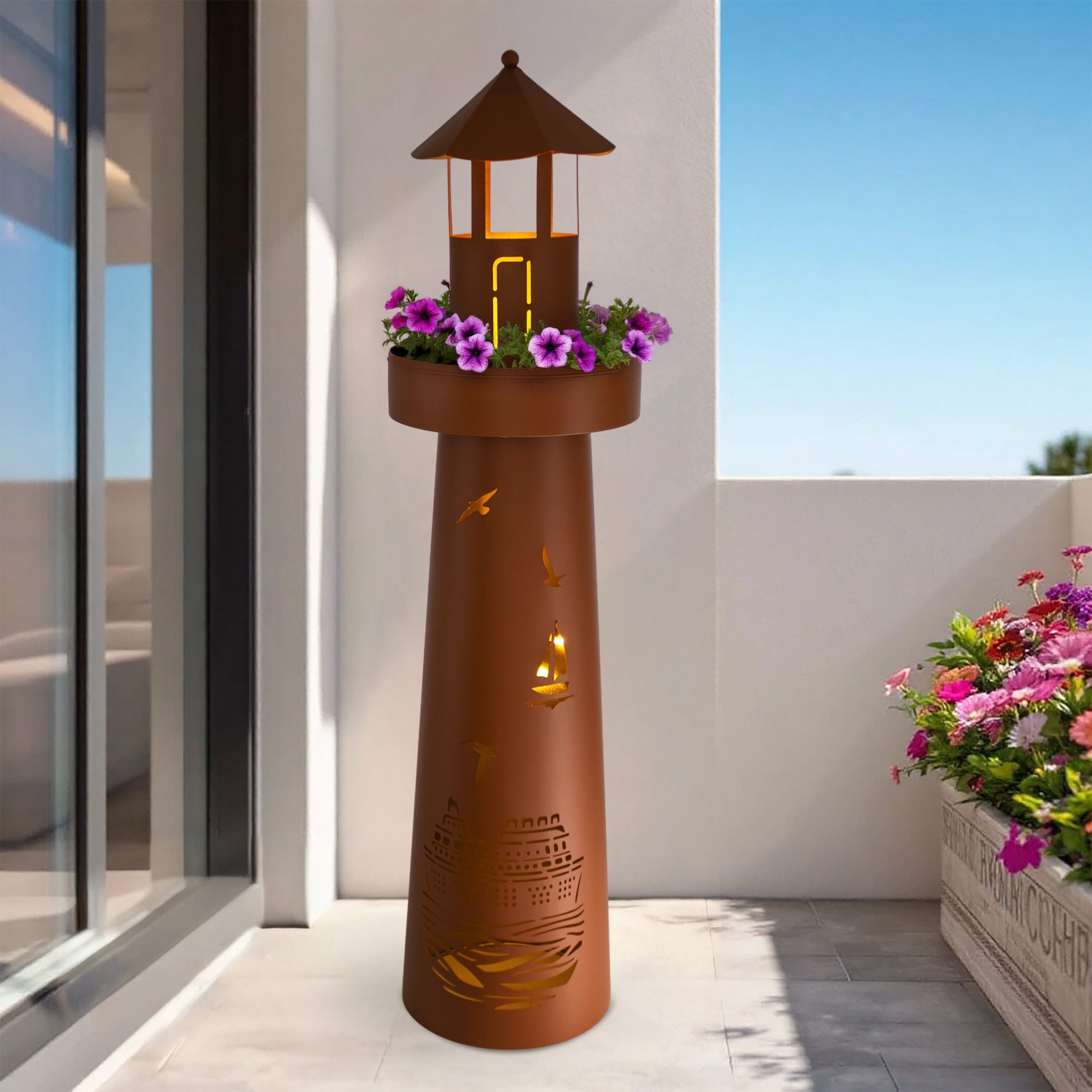 Spetebo LED-Dekofigur Metall Leuchtturm in Rost Optik - 80 cm (Anzahl, 1 St., Stück), mit Timer Funktion