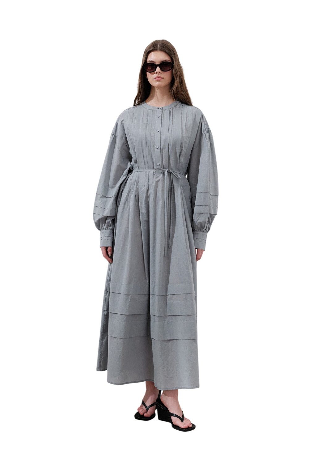 MANUKA Midikleid GERIPPTES, WEITES KLEID, SCHWARZ