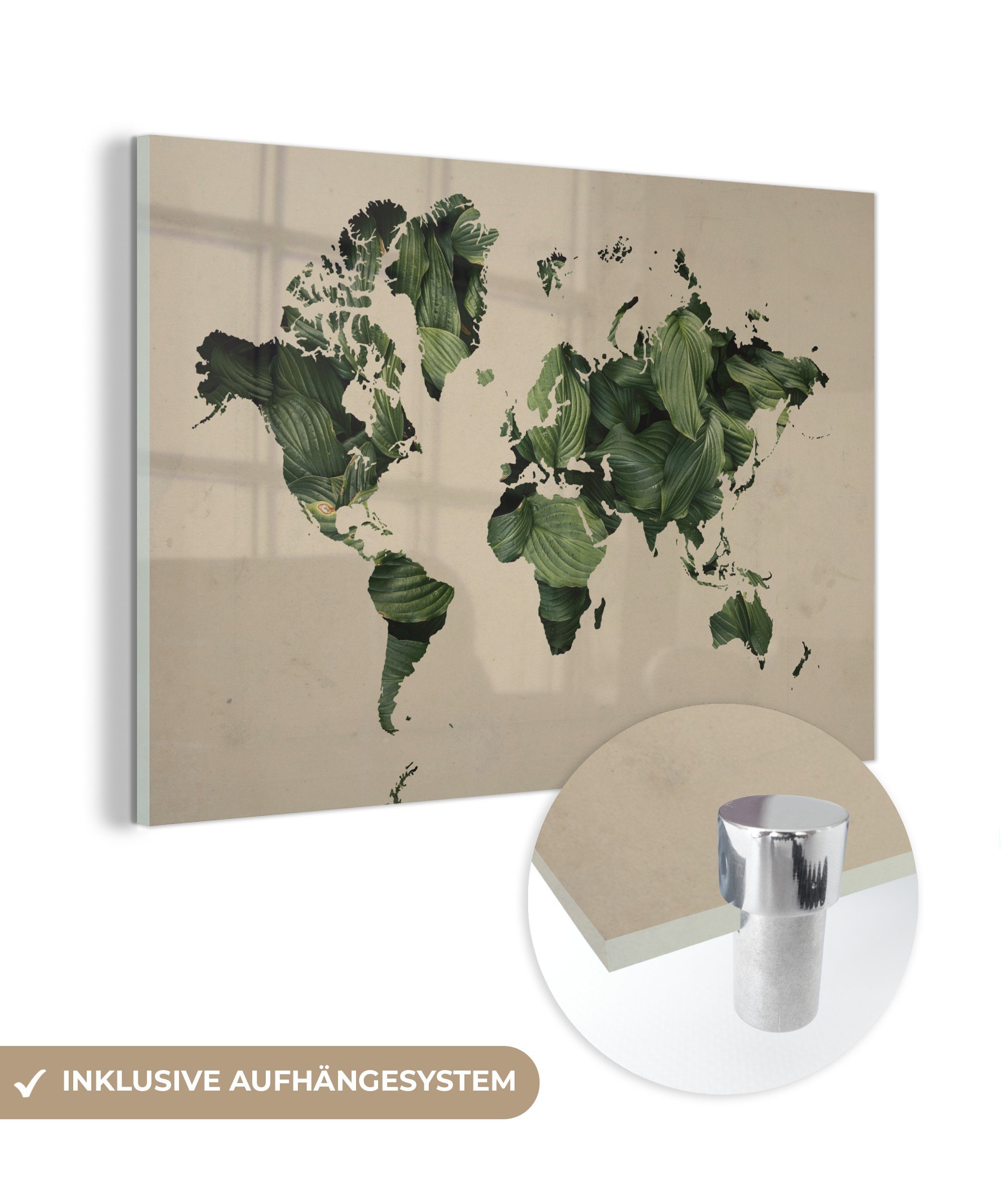 MuchoWow Acrylglasbild Weltkarte - Blätter - Grün, (1 St), Glasbilder - Bilder auf Glas Wandbild - Foto auf Glas - Wanddekoration