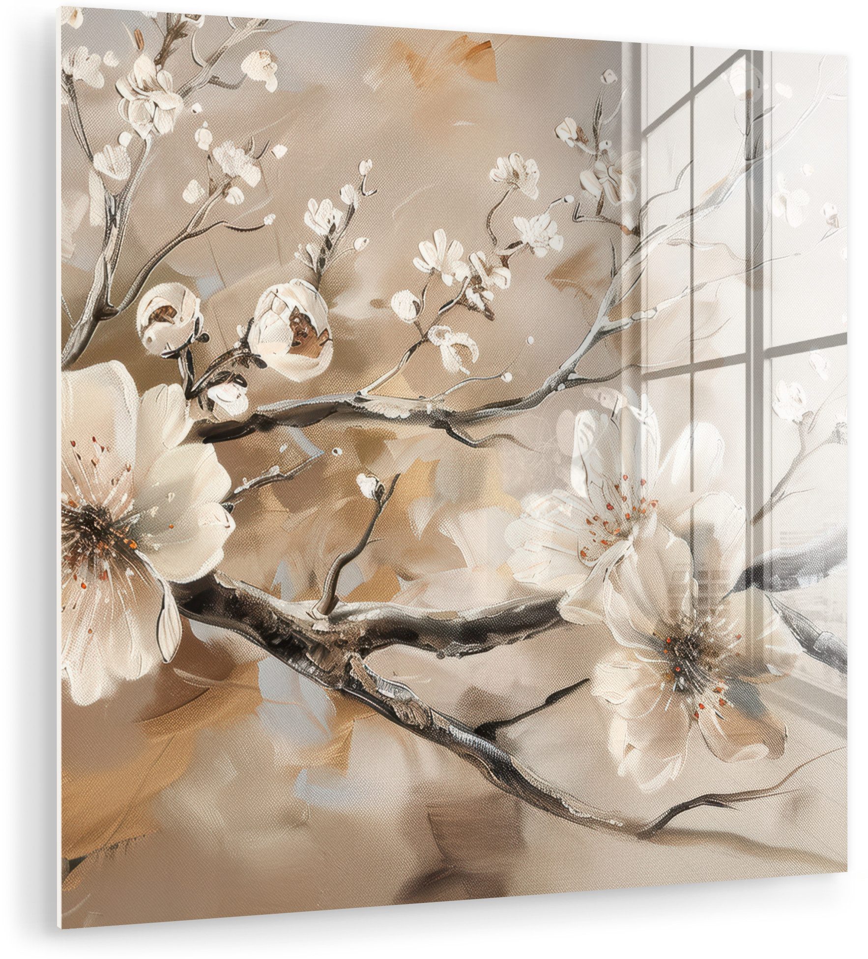 MuchoWow Acrylglasbild Blumen - Natur - Weiß - Blüte - Abstrakt, Inkl. Aufhängung, Bilder auf Glas Wandbild, Wanddeko Wohnzimmer Badezimmer, 20x20 cm