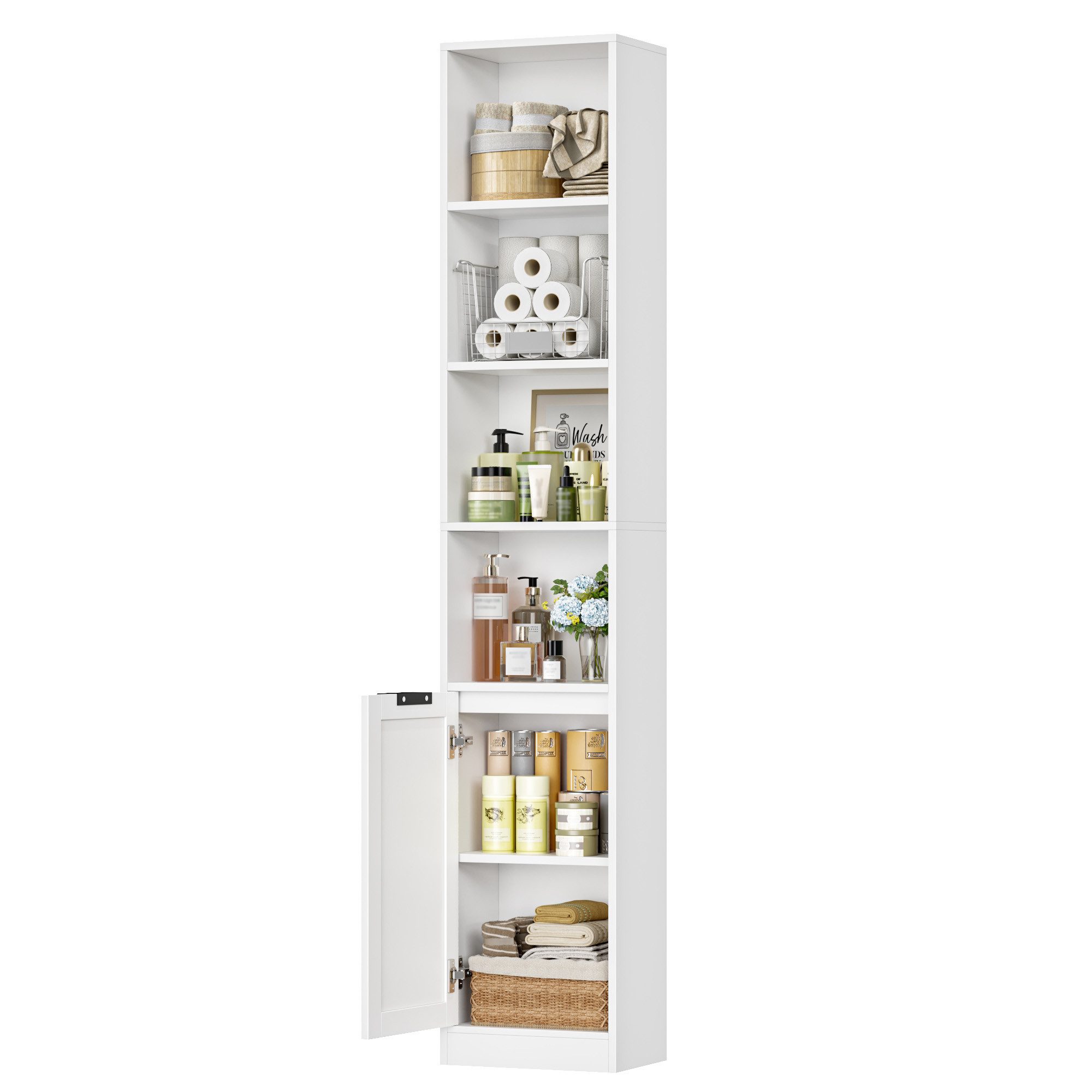 Homfa Hochschrank Badezimmerschrank Badregal mit Tür Regal schmal weiß Standregal für Badezimmer Homeoffice, 35x24x186,4 cm