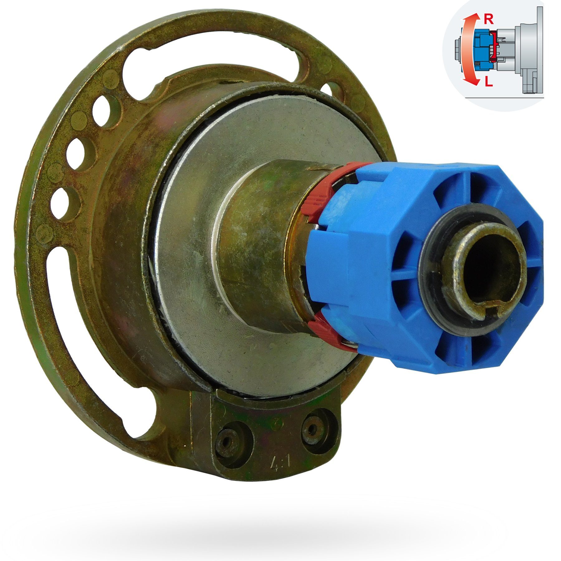 Rollo Kegelradgetriebe 4:1 6mm Innenvierkant Freilauf Links/Rechts umschaltbar, Geiger Antriebstechnik