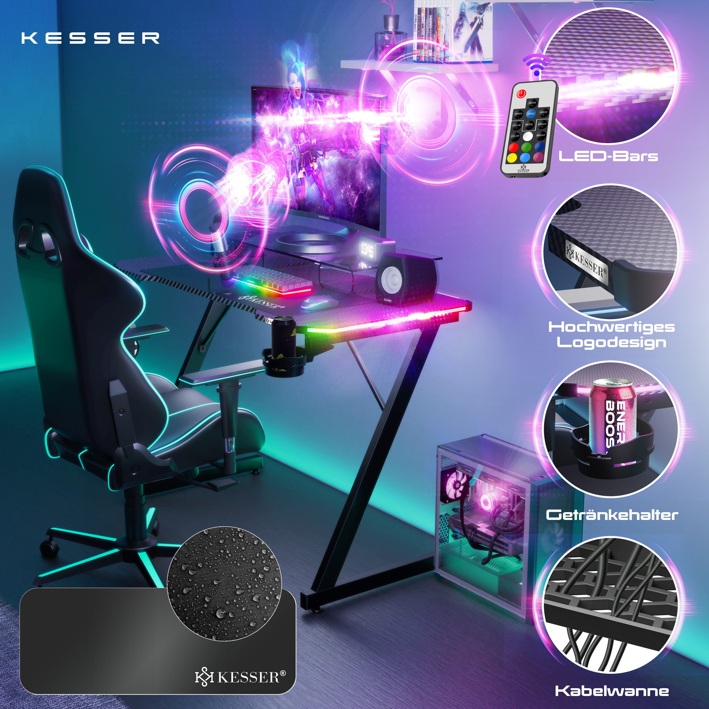 KESSER Gamingtisch, Gaming Schreibtisch mit Getränkehalter Ergonomischer Gamer Tisch